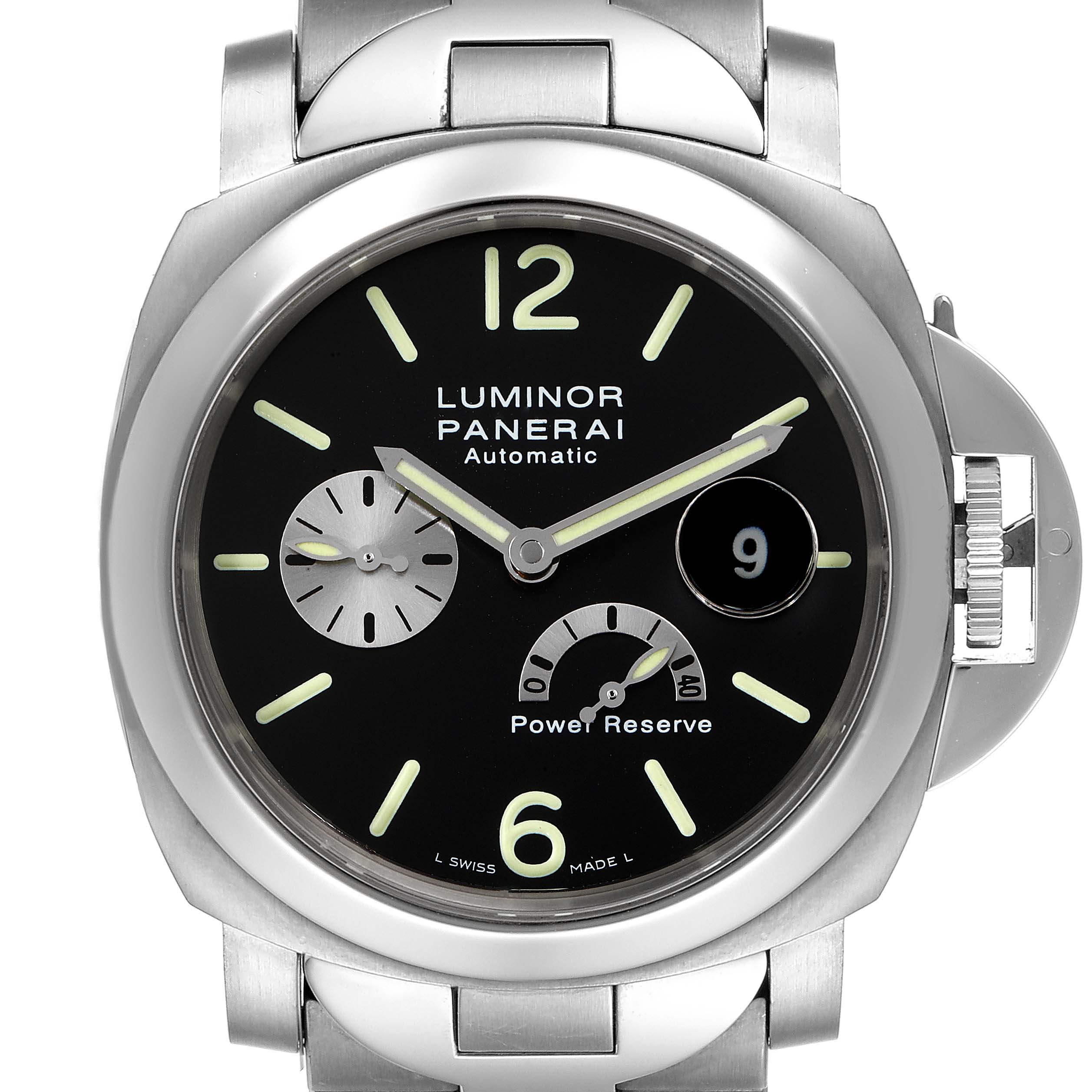 The Panerai Luminor PAM00171 Men's Titanium Black Dial PAM00171 Men's Titanium Black Dial watch is shown from a front angle, displaying its face, dial, and part of the metal bracelet.