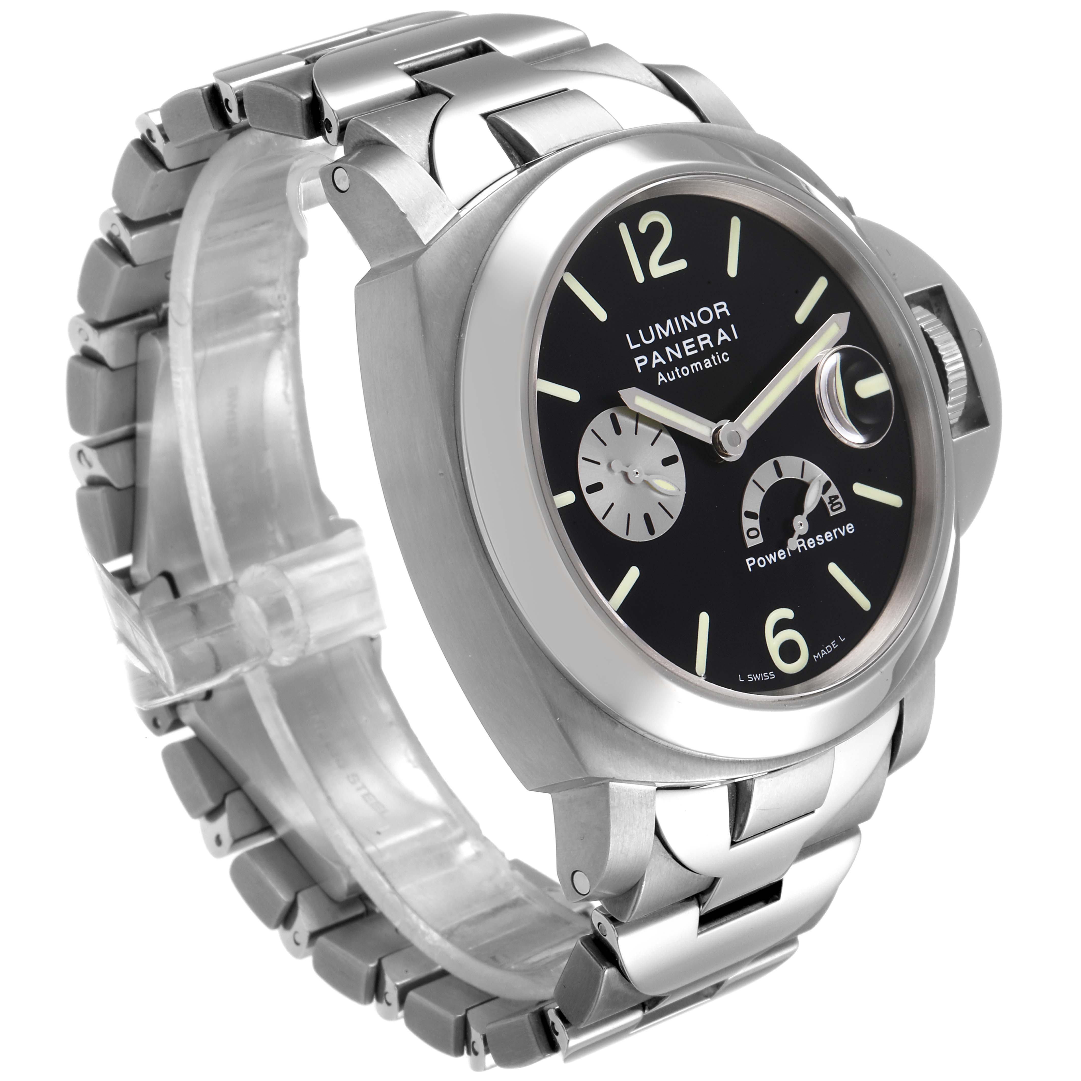 The image shows a Panerai Luminor PAM00171 Men's Titanium Black Dial PAM00171 Men's Titanium Black Dial watch from a diagonal front angle, highlighting the watch face, crown, and metal bracelet.