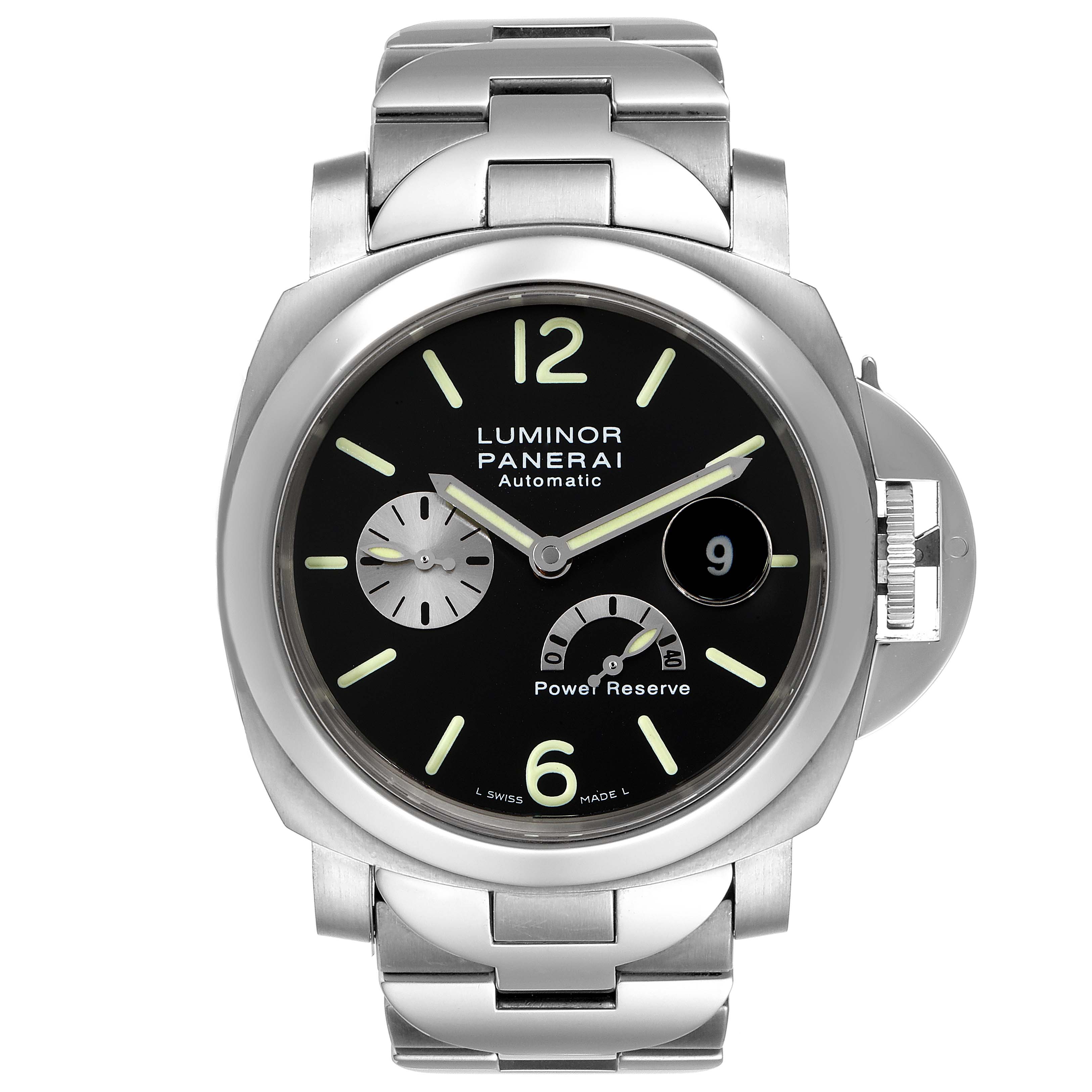 The image shows a front view of a Panerai Luminor PAM00171 Men's Titanium Black Dial PAM00171 Men's Titanium Black Dial model watch, featuring a stainless steel bracelet, a black dial, and luminescent hands and markers.
