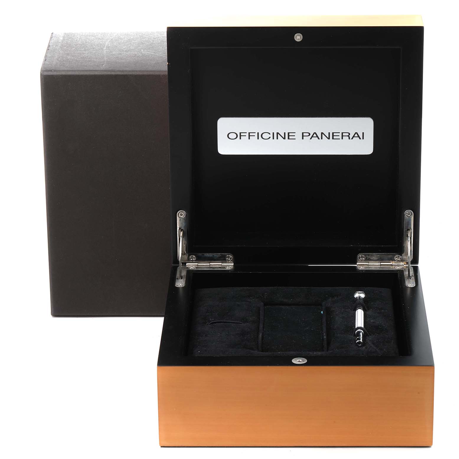 The image shows an open Panerai Luminor PAM00171 Men's Titanium Black Dial PAM00171 Men's Titanium Black Dial watch box with a compartment for accessories and "OFFICINE PANERAI" visible inside the lid.