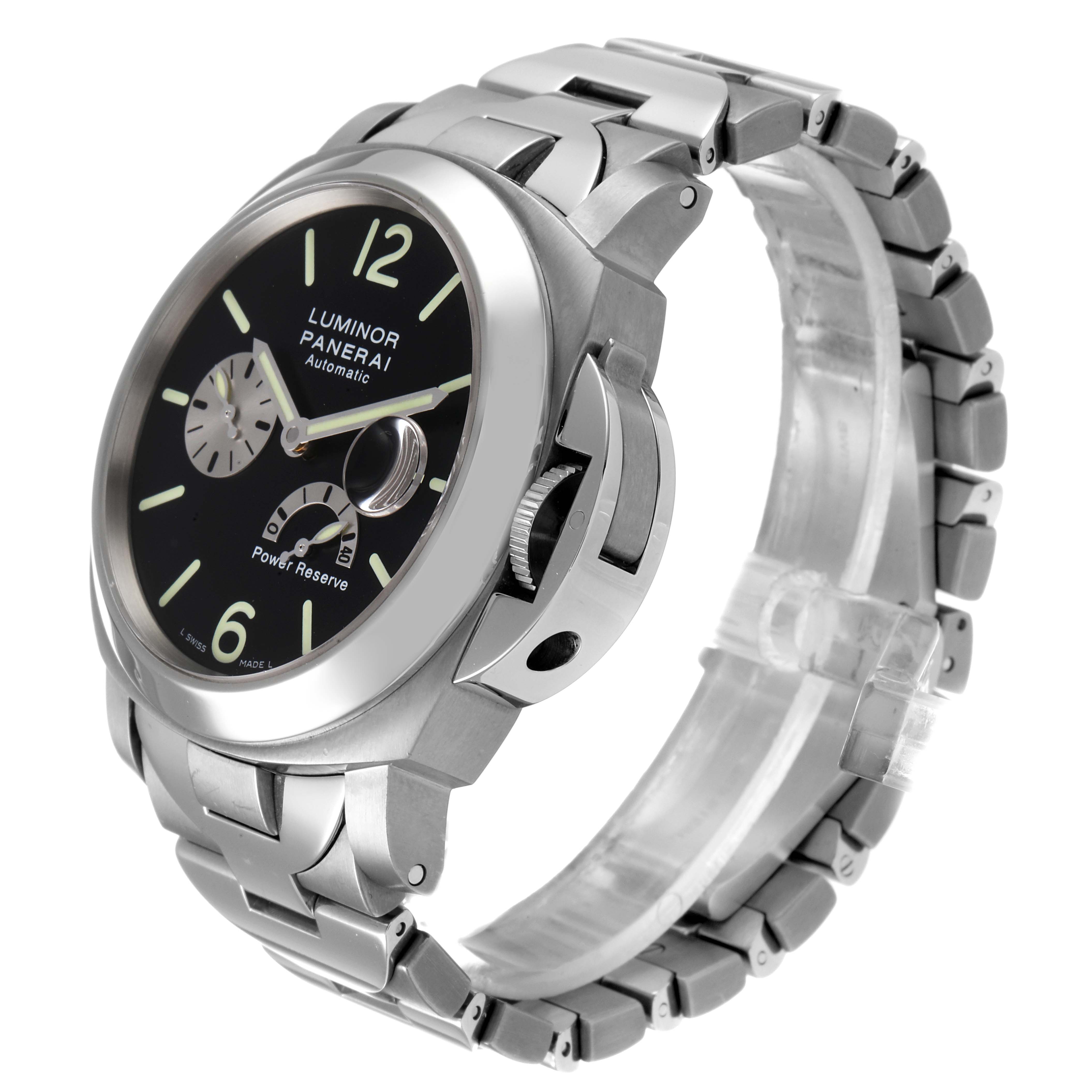 This image shows a Panerai Luminor PAM00171 Men's Titanium Black Dial PAM00171 Men's Titanium Black Dial watch at a 3/4 angle, highlighting its dial, crown guard, and metal bracelet.