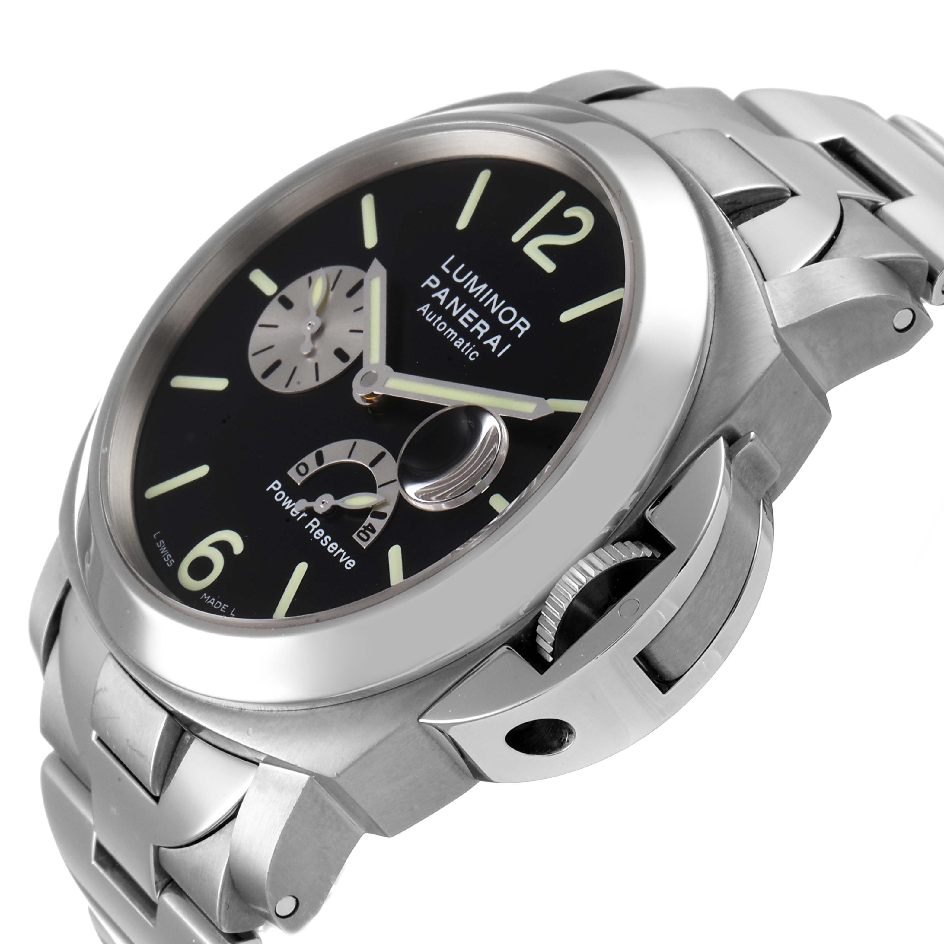 The image shows a Panerai Luminor PAM00171 Men's Titanium Black Dial PAM00171 Men's Titanium Black Dial watch at an angled close-up, highlighting the dial, power reserve indicator, and stainless steel bracelet.
