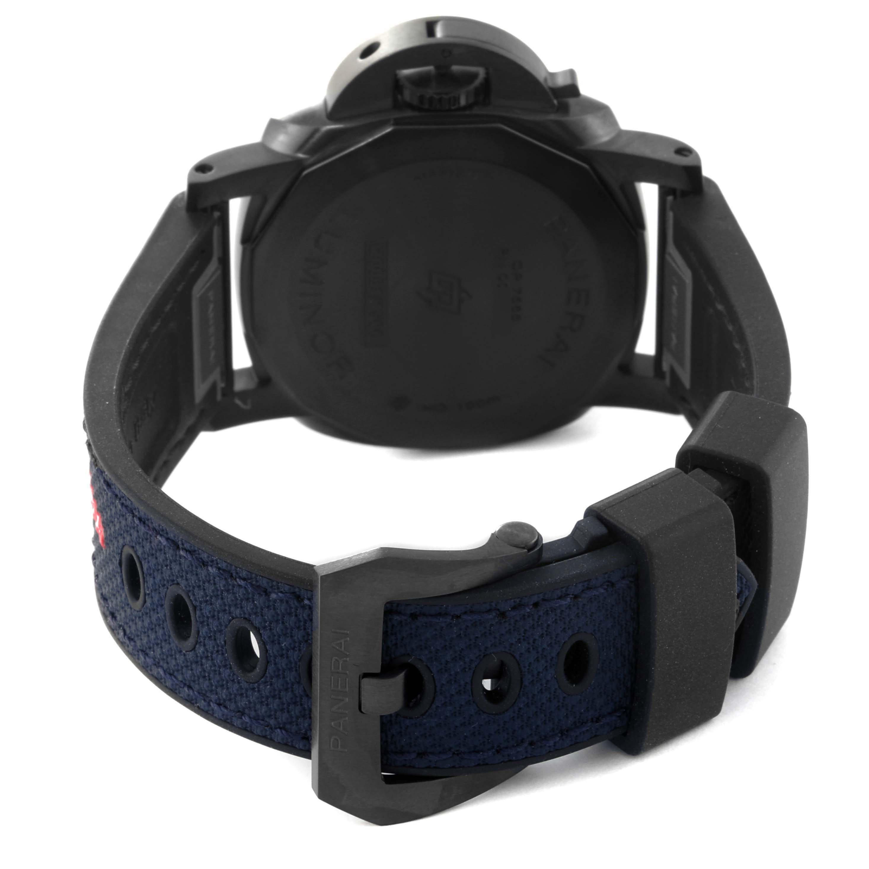 The image shows the back view of a Panerai Luminor PAM01408 Men's Stainless Steel Blue Dial PAM01408 Men's Stainless Steel Blue Dial watch, highlighting the case back and the blue strap with a buckle.