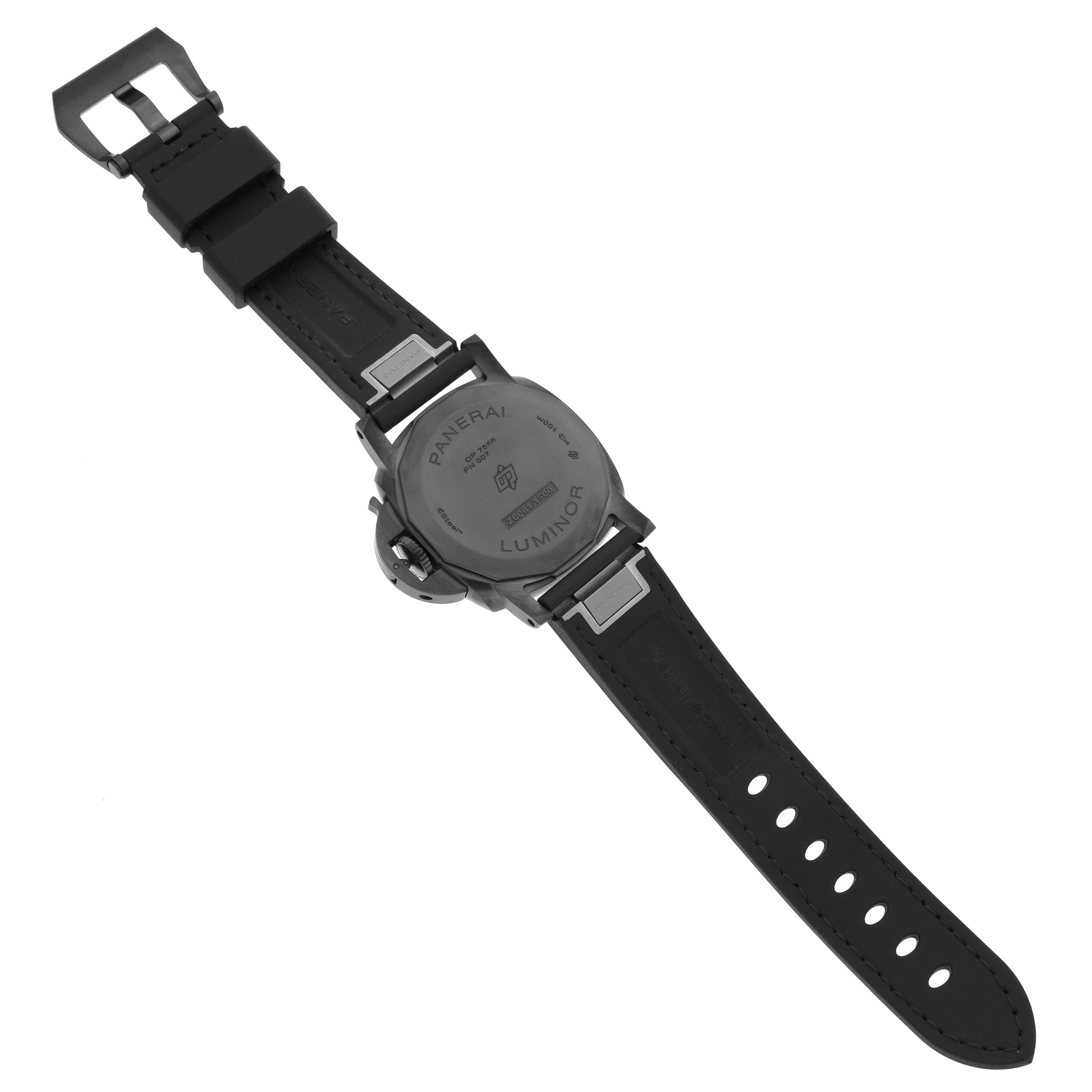 The image shows the back view of a Panerai Luminor PAM01408 Men's Stainless Steel Blue Dial PAM01408 Men's Stainless Steel Blue Dial watch, displaying its case back and black strap.