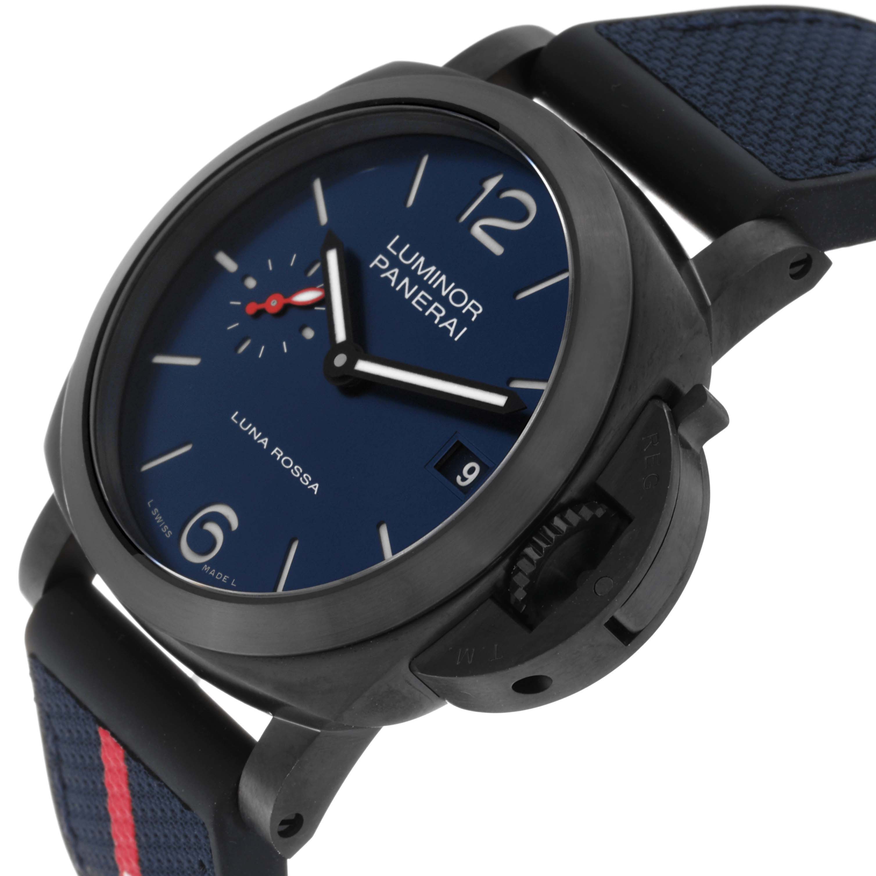 This image shows a close-up, angled view of the Panerai Luminor PAM01408 Men's Stainless Steel Blue Dial PAM01408 Men's Stainless Steel Blue Dial model watch displaying its dial, crown guard, and strap.