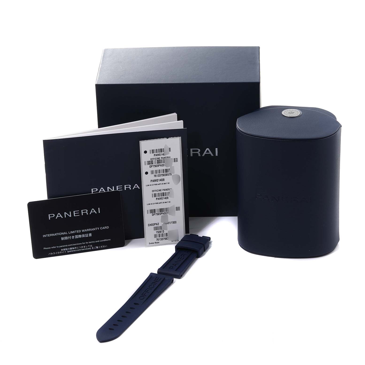 This image shows a Panerai Luminor PAM01408 Men's Stainless Steel Blue Dial PAM01408 Men's Stainless Steel Blue Dial watch box, warranty card, manuals, and an additional blue watch strap from a front angle.
