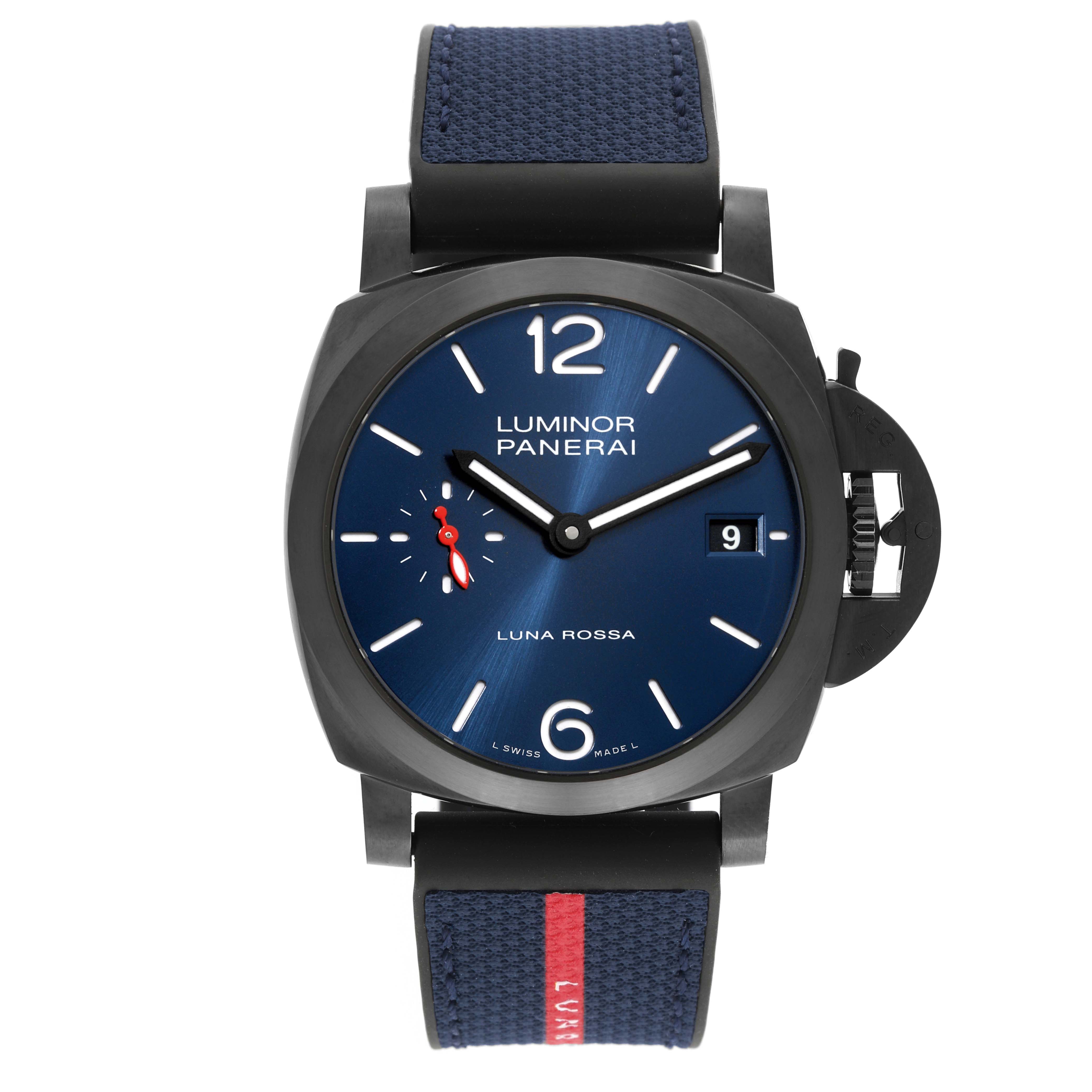 The image shows a front view of a Panerai Luminor PAM01408 Men's Stainless Steel Blue Dial PAM01408 Men's Stainless Steel Blue Dial model watch featuring a blue dial and a navy strap.