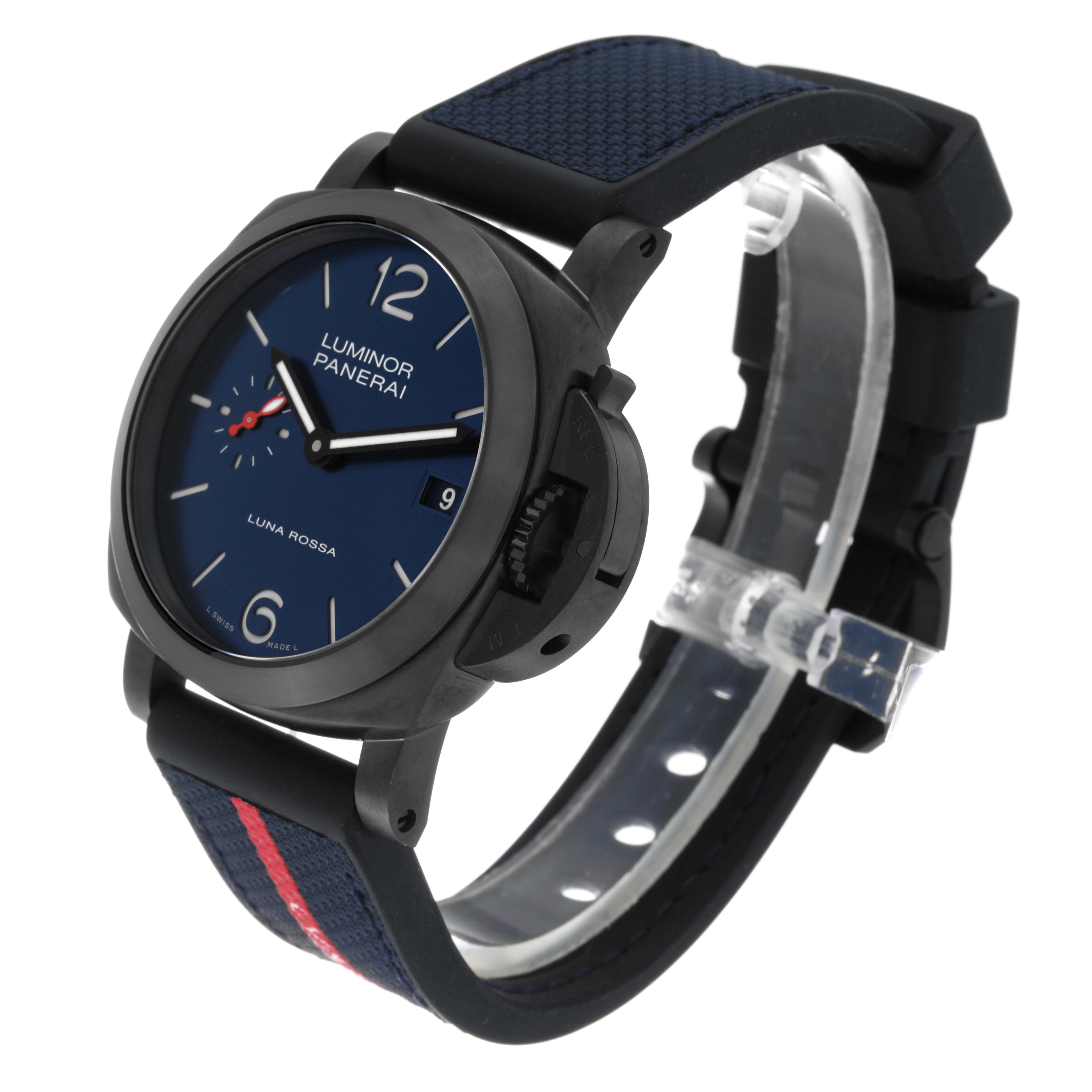 The image shows a Panerai Luminor PAM01408 Men's Stainless Steel Blue Dial PAM01408 Men's Stainless Steel Blue Dial watch at an angled view, highlighting the blue dial, case, and strap.