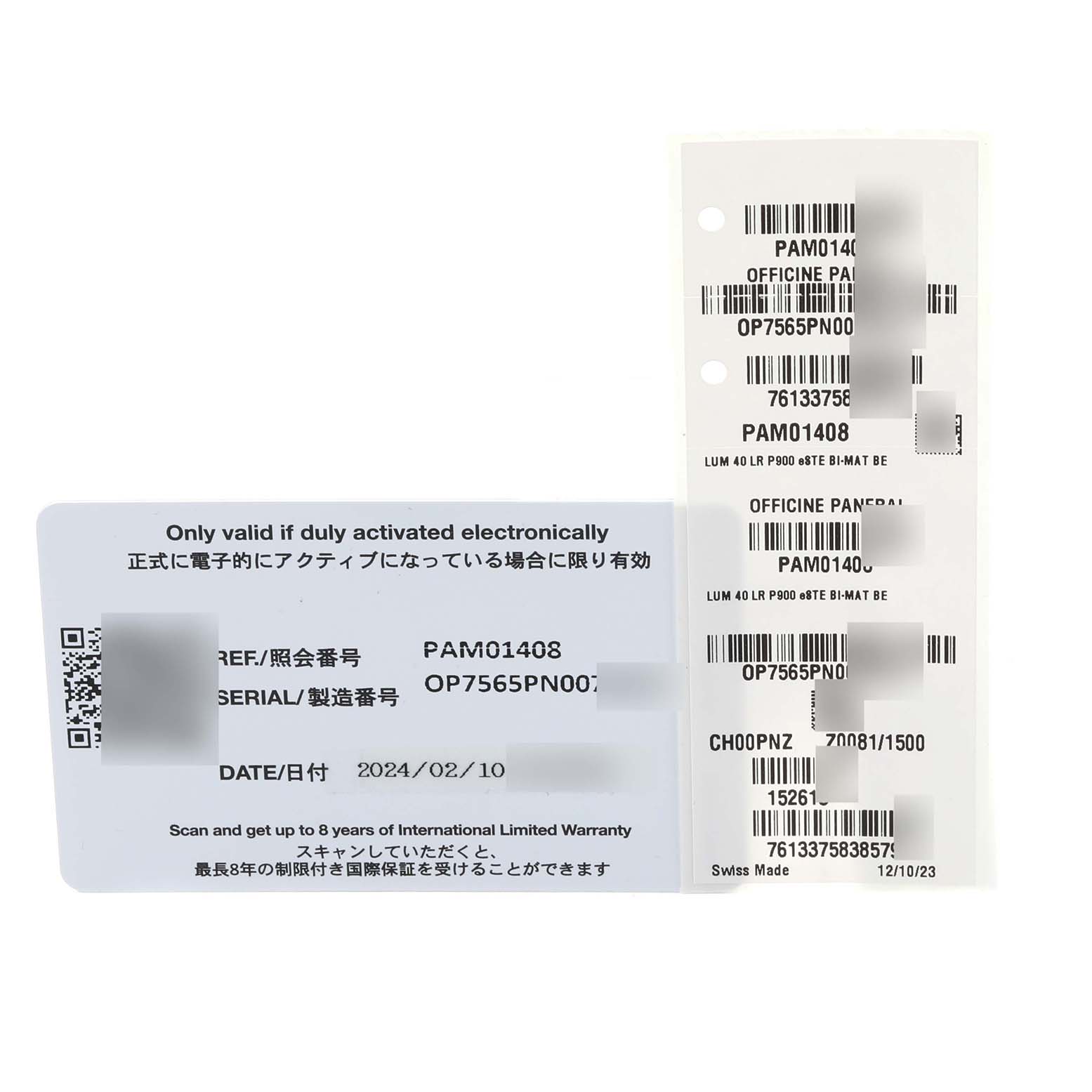 This image shows warranty cards and accessory tags for the Panerai Luminor PAM01408 Men's Stainless Steel Blue Dial PAM01408 Men's Stainless Steel Blue Dial model PAM01408.