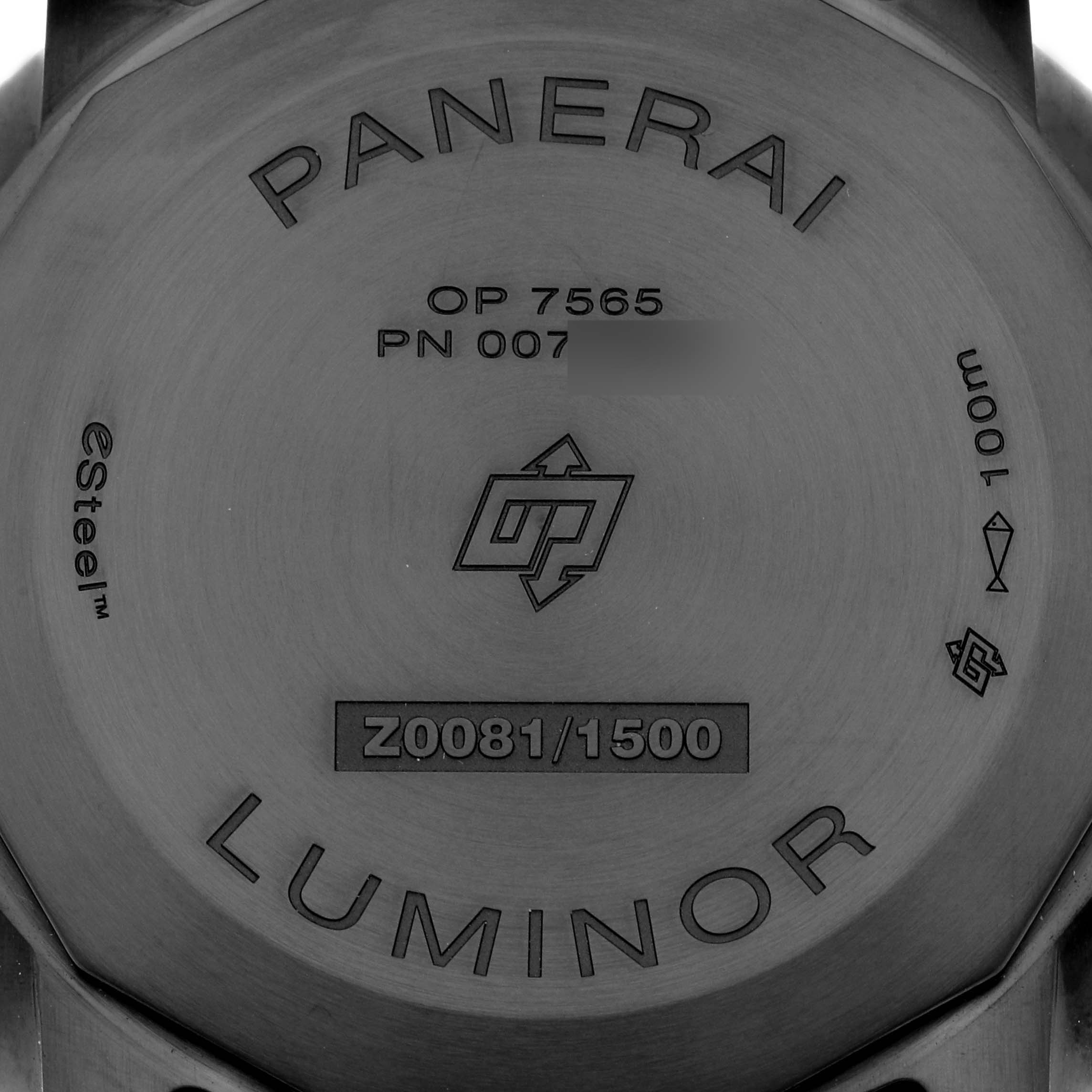 This image shows the case back of a Panerai Luminor PAM01408 Men's Stainless Steel Blue Dial PAM01408 Men's Stainless Steel Blue Dial watch with engraved model details and logos.