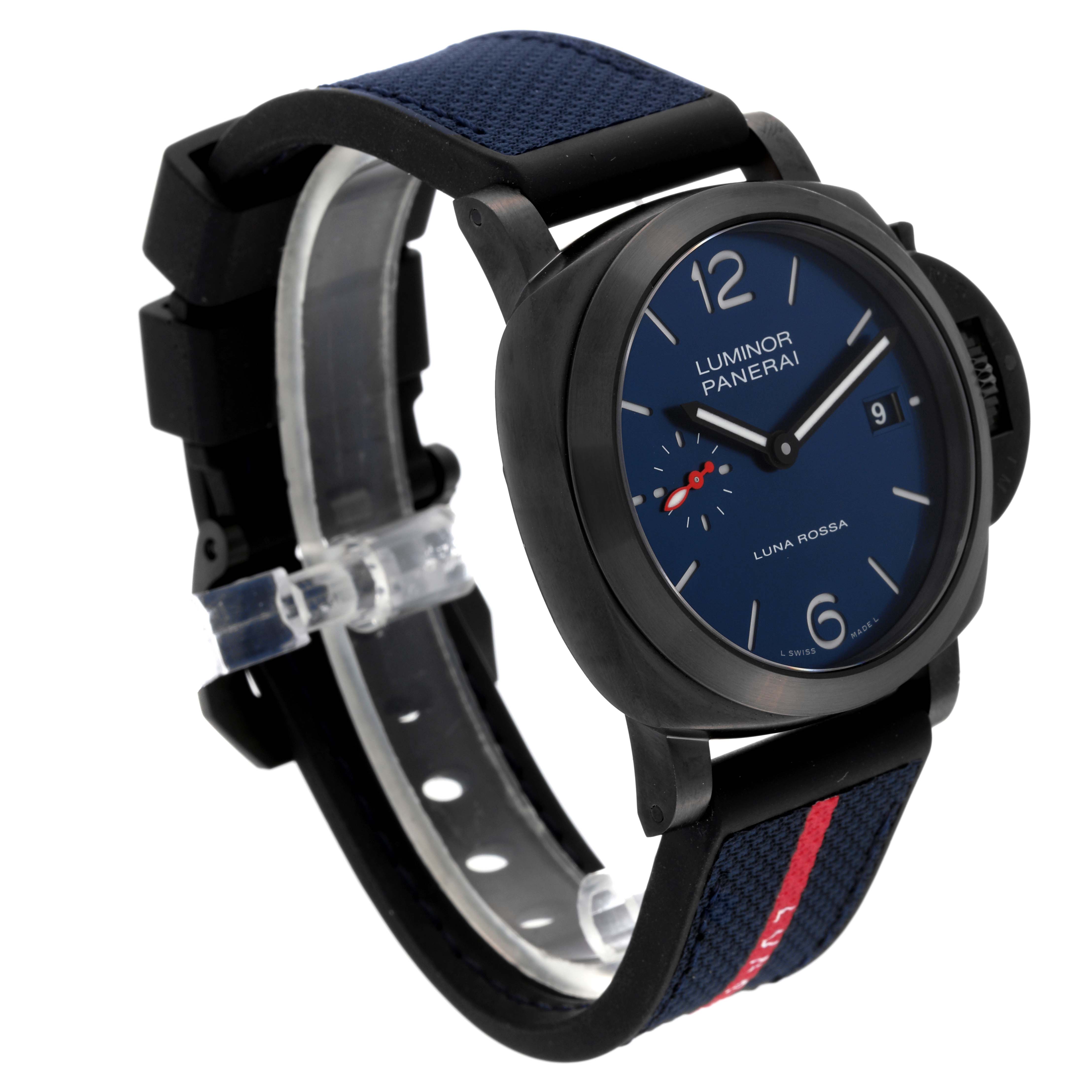 The image shows a front angled view of a Panerai Luminor PAM01408 Men's Stainless Steel Blue Dial PAM01408 Men's Stainless Steel Blue Dial watch, displaying its face, crown, and strap.