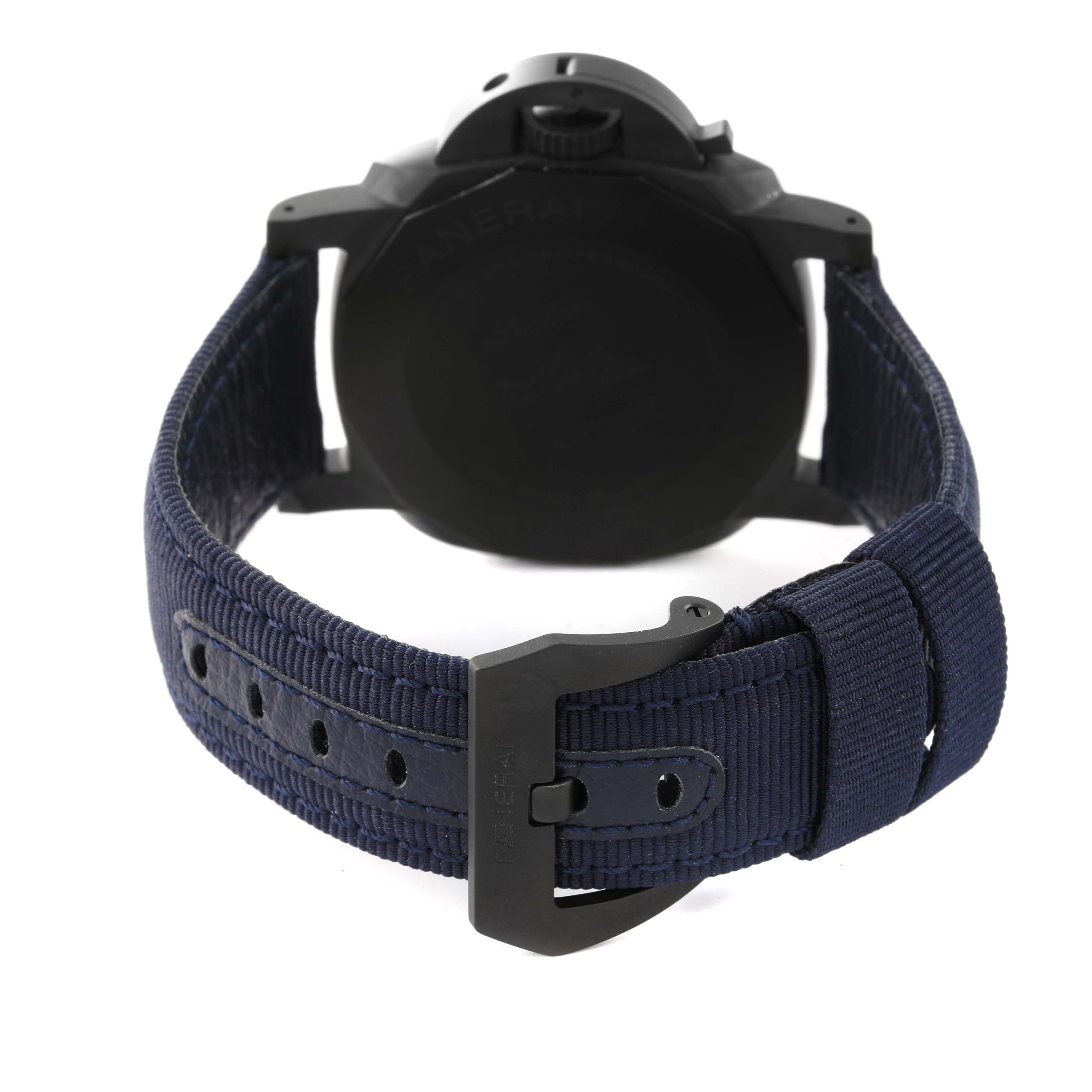 This image shows the back view of a Panerai Submersible PAM01232 Men's Ceramic Blue Dial PAM01232 Men's Ceramic Blue Dial watch, highlighting its strap and buckle.