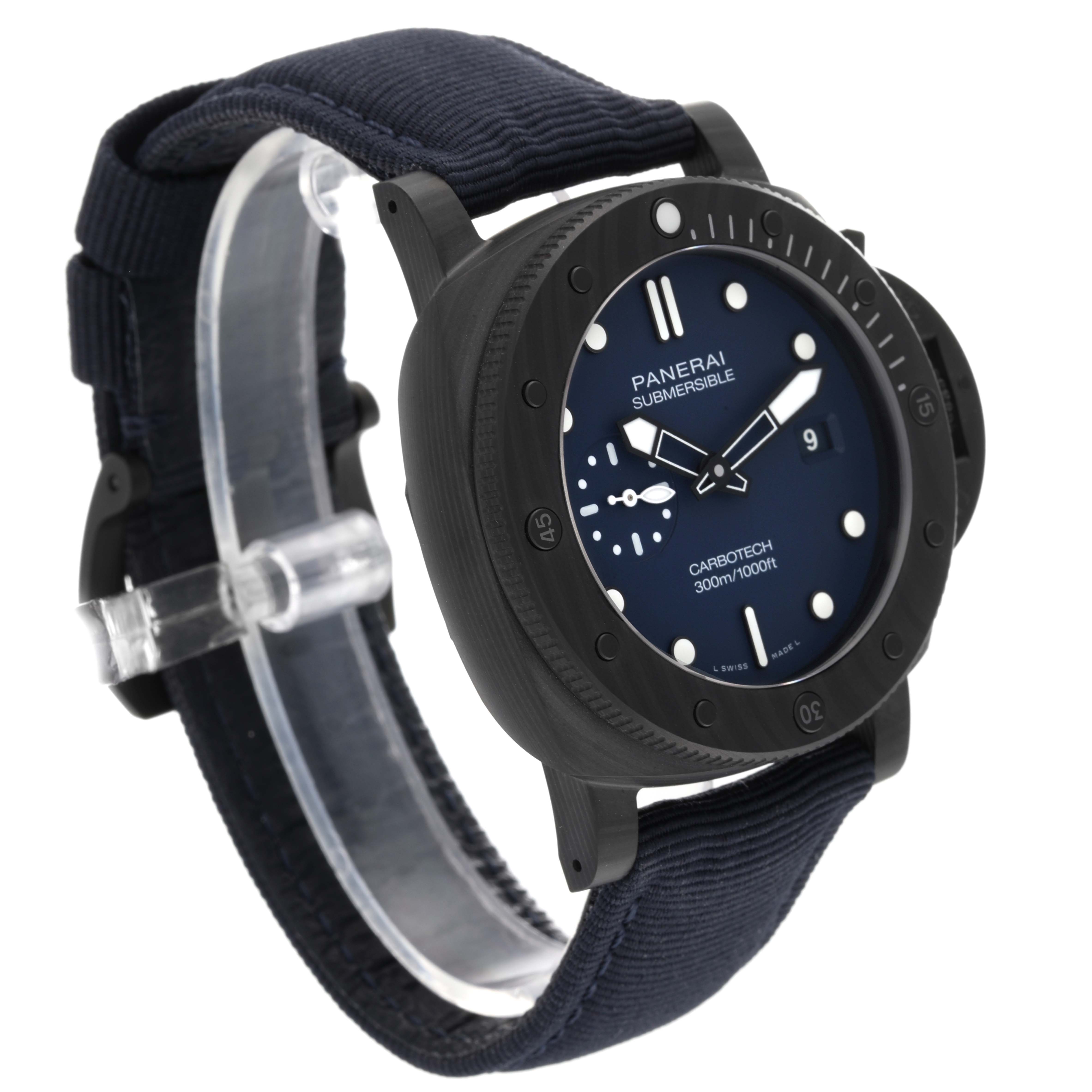 This image shows a side view of a Panerai Submersible PAM01232 Men's Ceramic Blue Dial PAM01232 Men's Ceramic Blue Dial watch, highlighting its dial, bezel, and strap.
