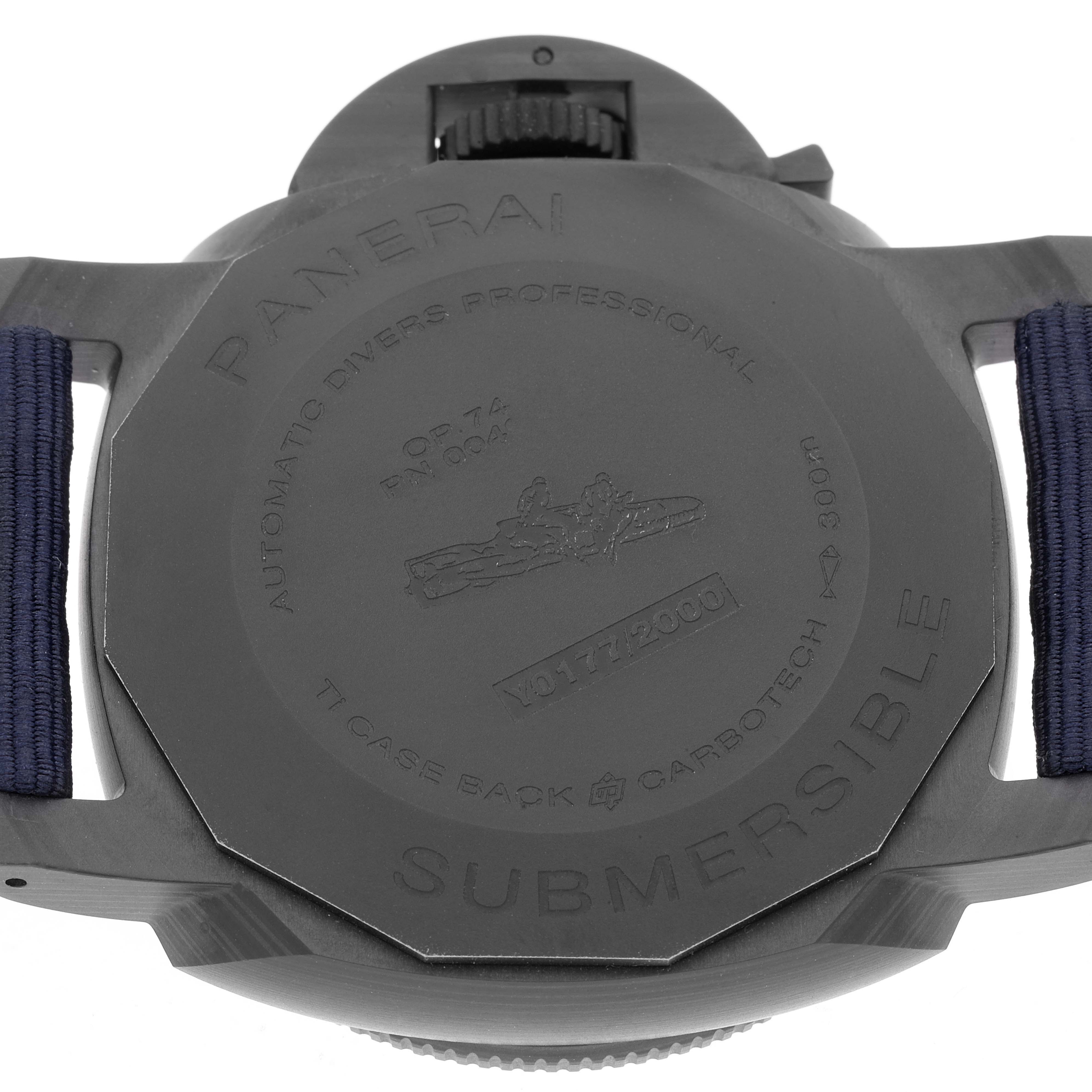 The image shows the case back and straps of a Panerai Submersible PAM01232 Men's Ceramic Blue Dial PAM01232 Men's Ceramic Blue Dial watch, viewed from the rear angle.