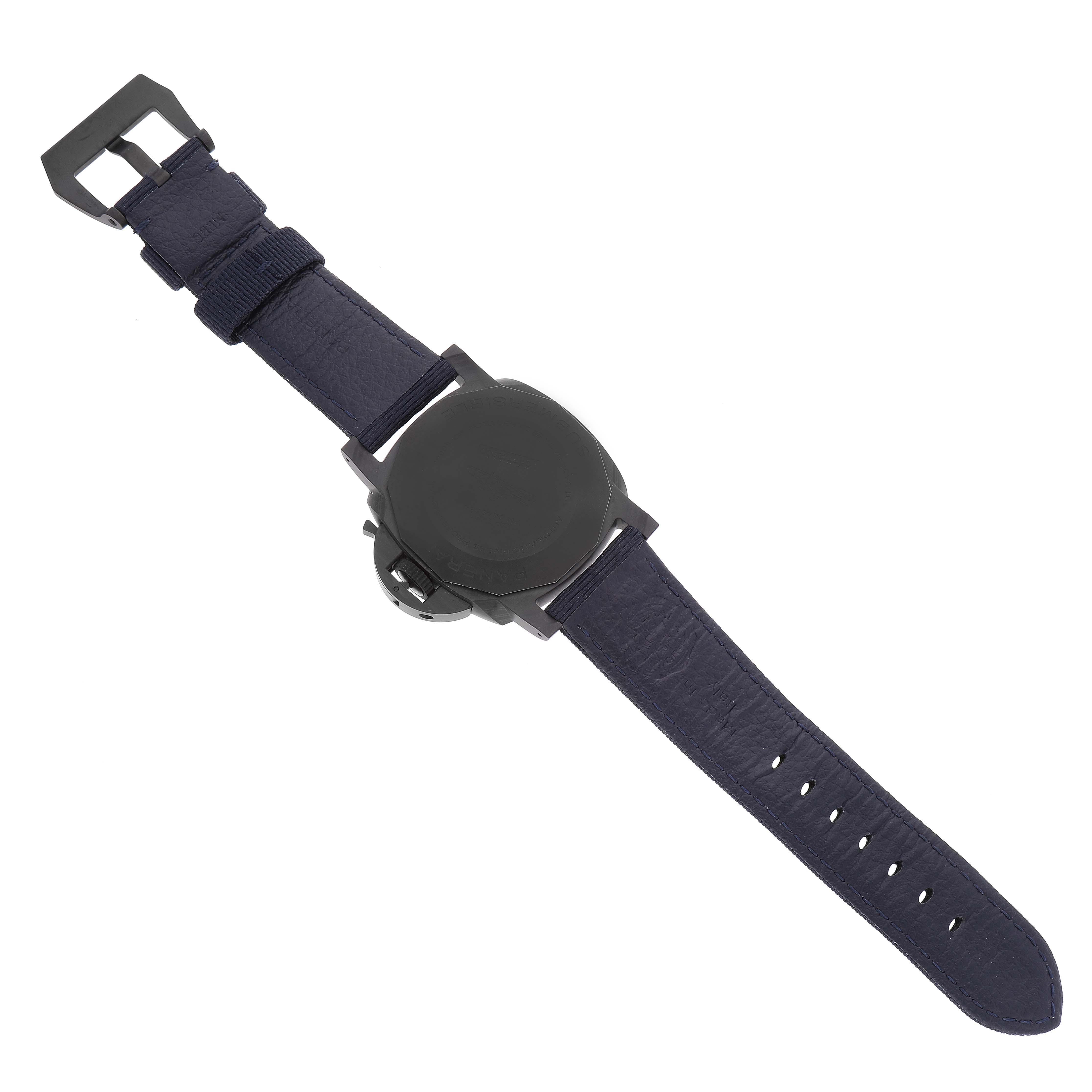 This image shows the Panerai Submersible PAM01232 Men's Ceramic Blue Dial PAM01232 Men's Ceramic Blue Dial watch laying flat, highlighting its strap and case back.