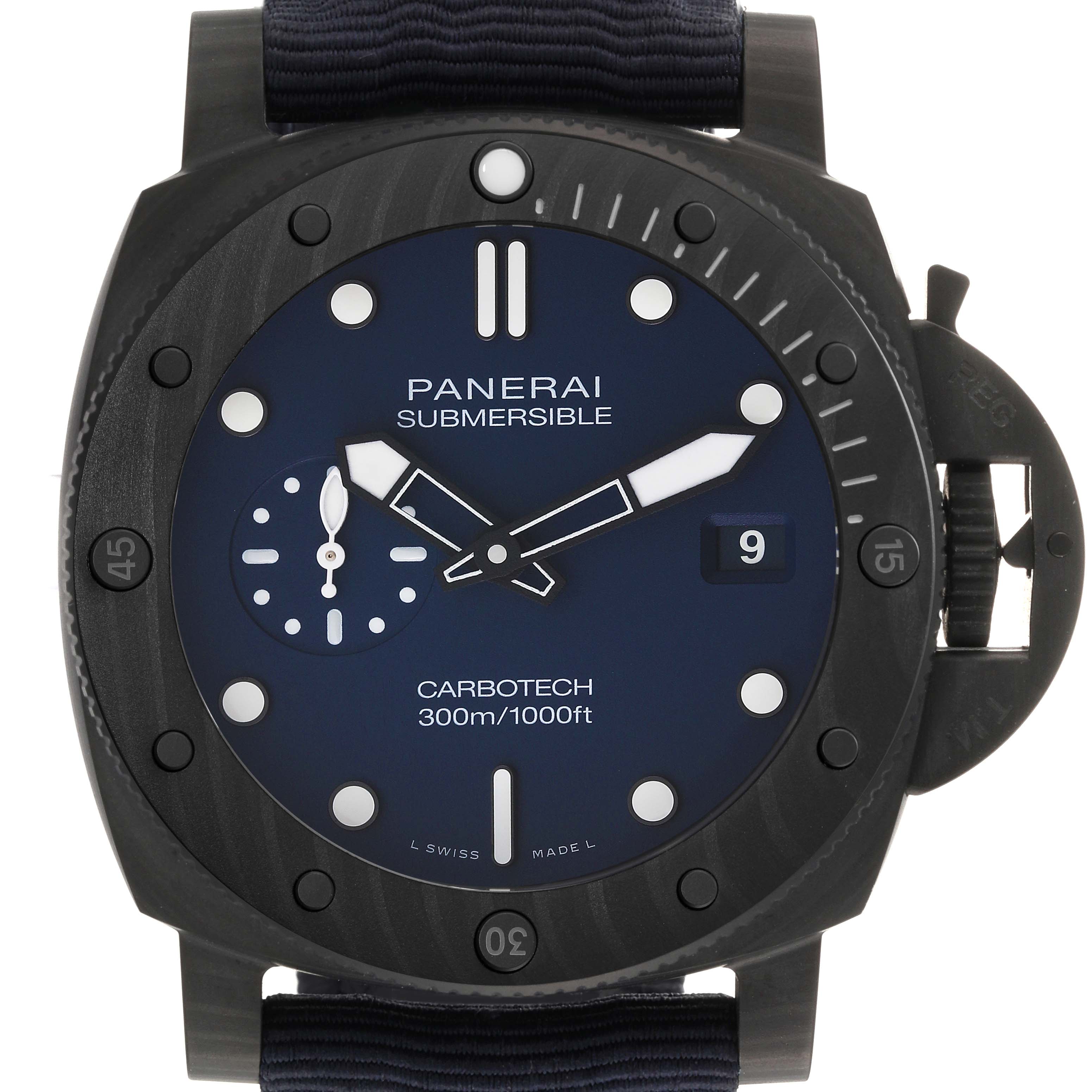 The image shows a frontal view of a Panerai Submersible PAM01232 Men's Ceramic Blue Dial PAM01232 Men's Ceramic Blue Dial watch, highlighting the dial, bezel, and crown guard.