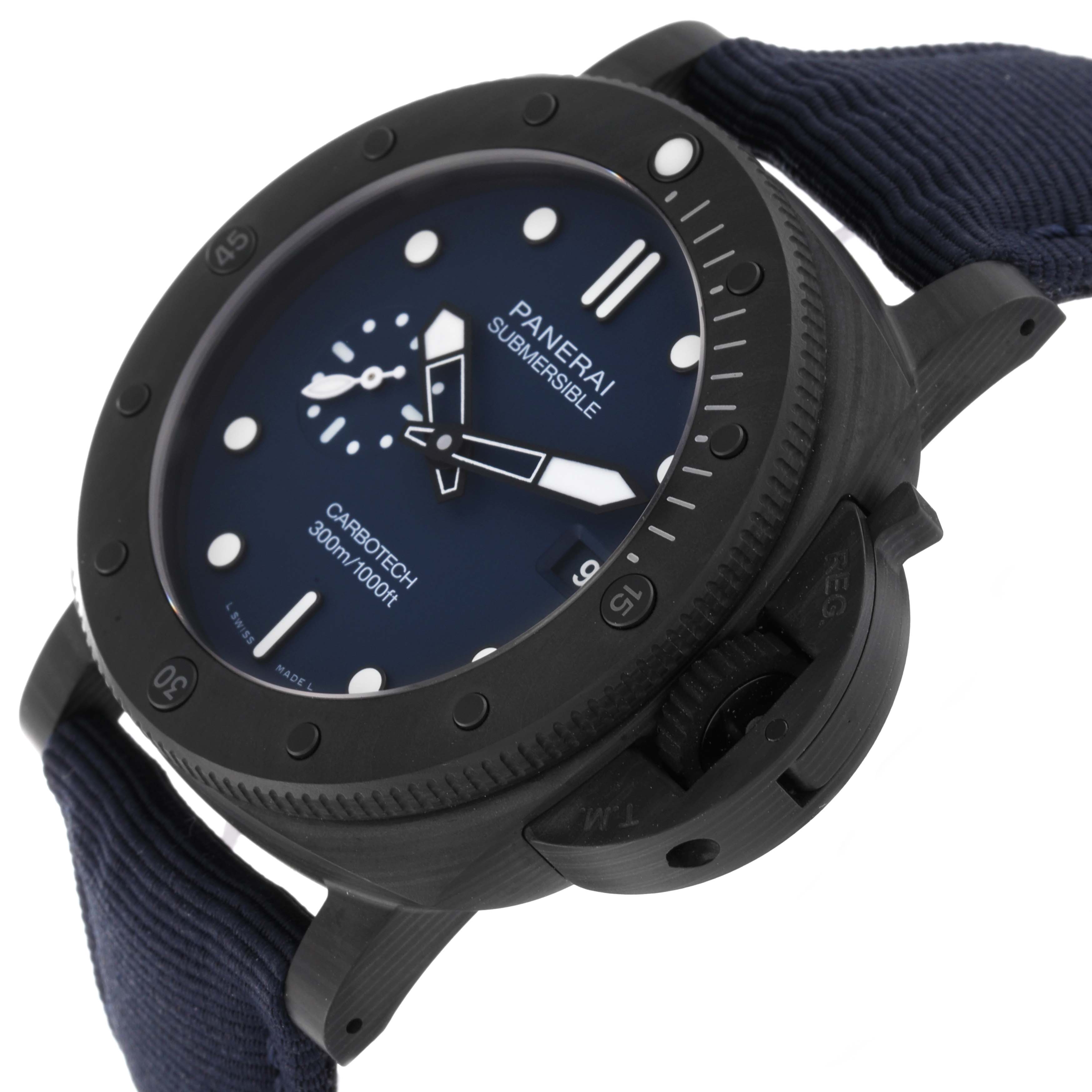 The image shows the Panerai Submersible PAM01232 Men's Ceramic Blue Dial PAM01232 Men's Ceramic Blue Dial Carbotech model from a front-side angle, highlighting the case, dial, and strap.
