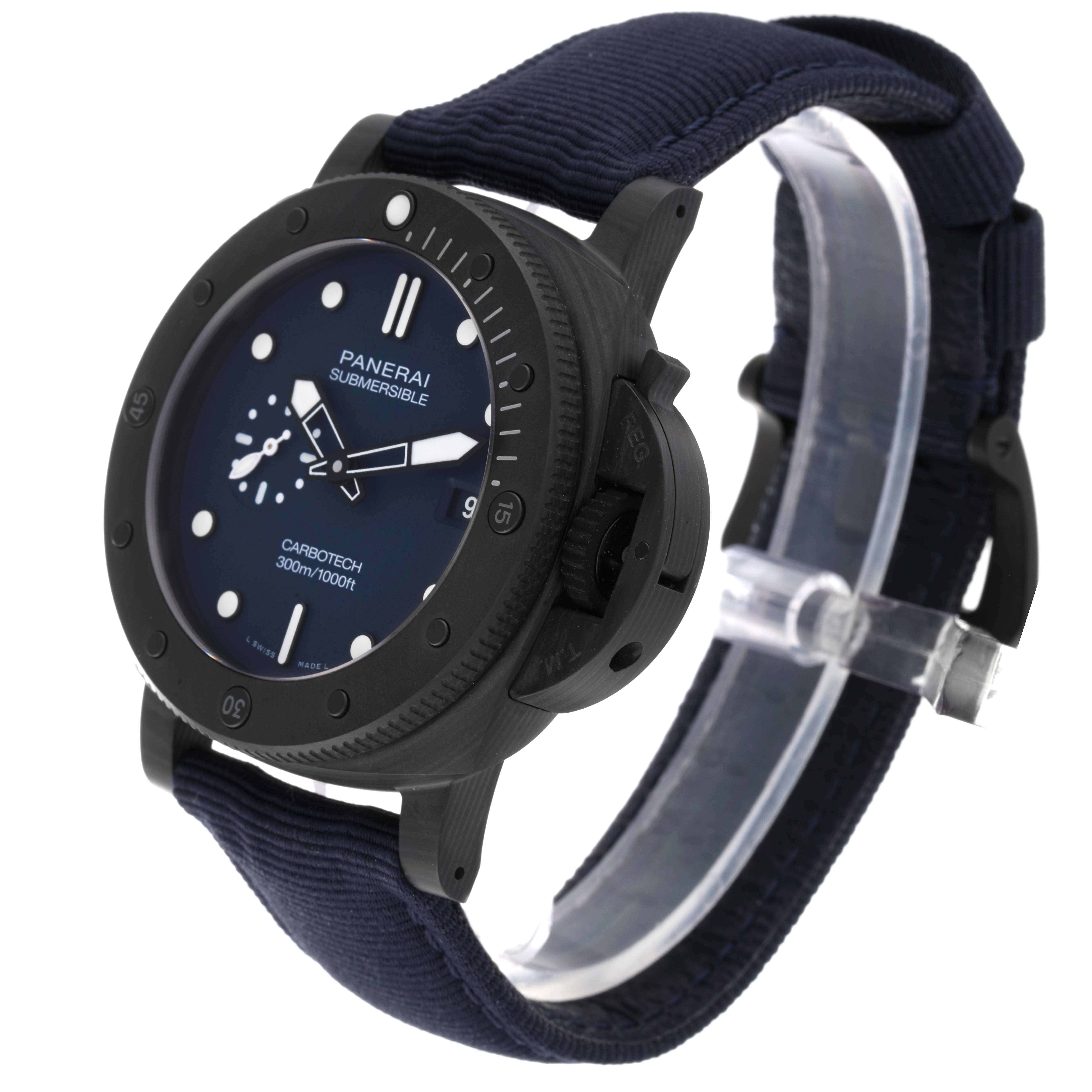 This image shows the Panerai Submersible PAM01232 Men's Ceramic Blue Dial PAM01232 Men's Ceramic Blue Dial model watch at an angled side view, highlighting its dial, bezel, and strap.