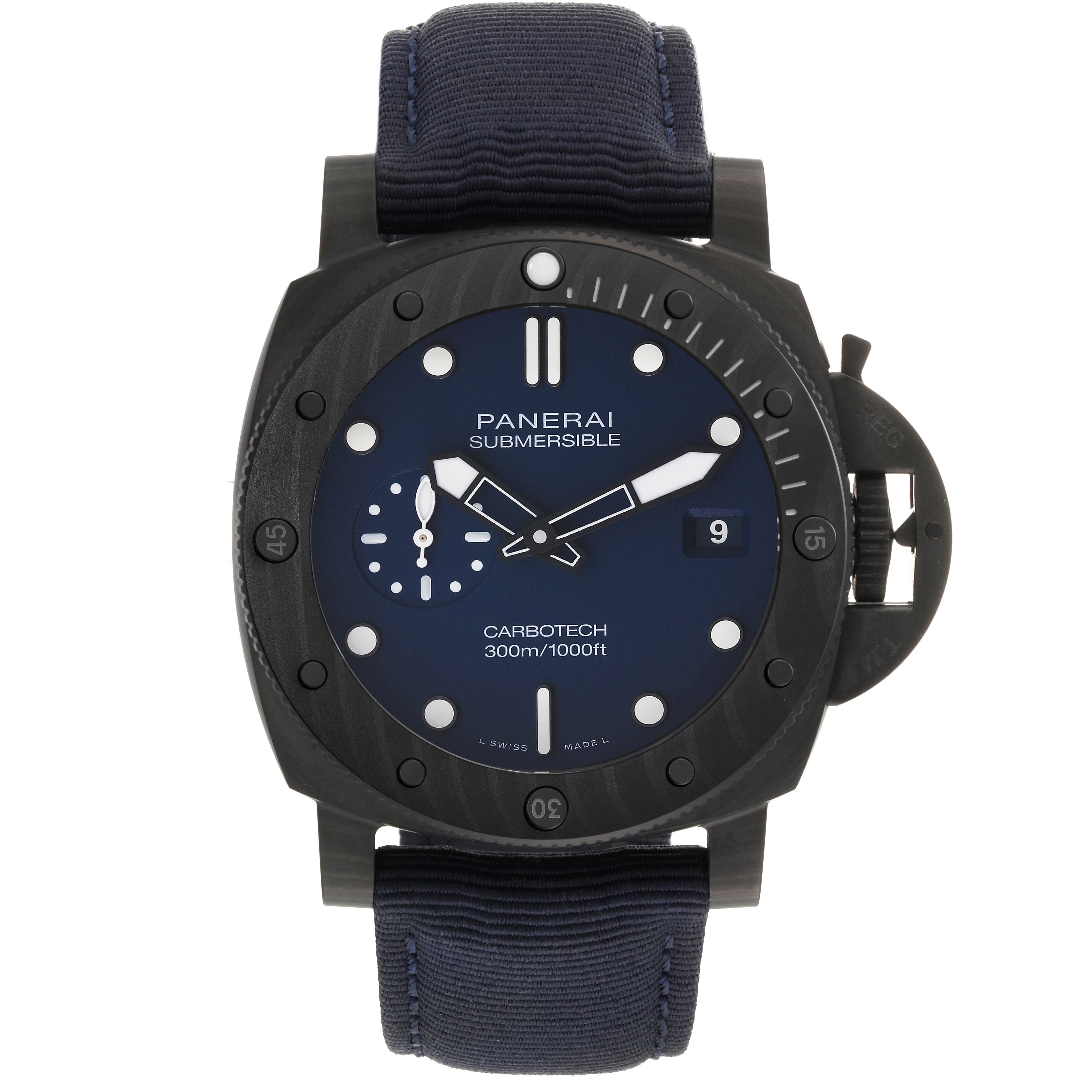 The image shows a front view of the Panerai Submersible PAM01232 Men's Ceramic Blue Dial PAM01232 Men's Ceramic Blue Dial watch, displaying its dial, bezel, and strap.