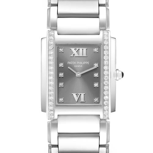 The image shows a front view of the Patek Philippe Twenty-4 4910/10A-010 Women's Stainless Steel Grey Dial, highlighting its rectangular face with diamond accents and Roman numerals.