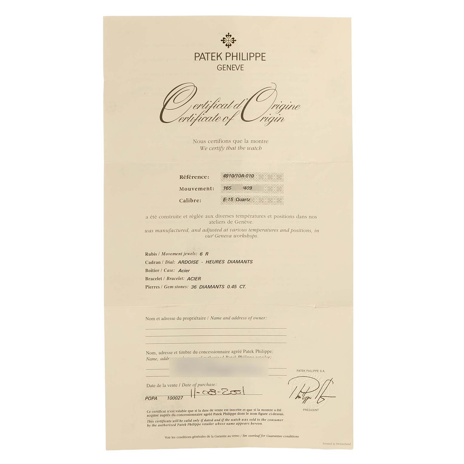 This image shows the Certificate of Origin for the Patek Philippe Twenty-4 4910/10A-010 Women's Stainless Steel Grey Dial model, specifying its details and authenticity.