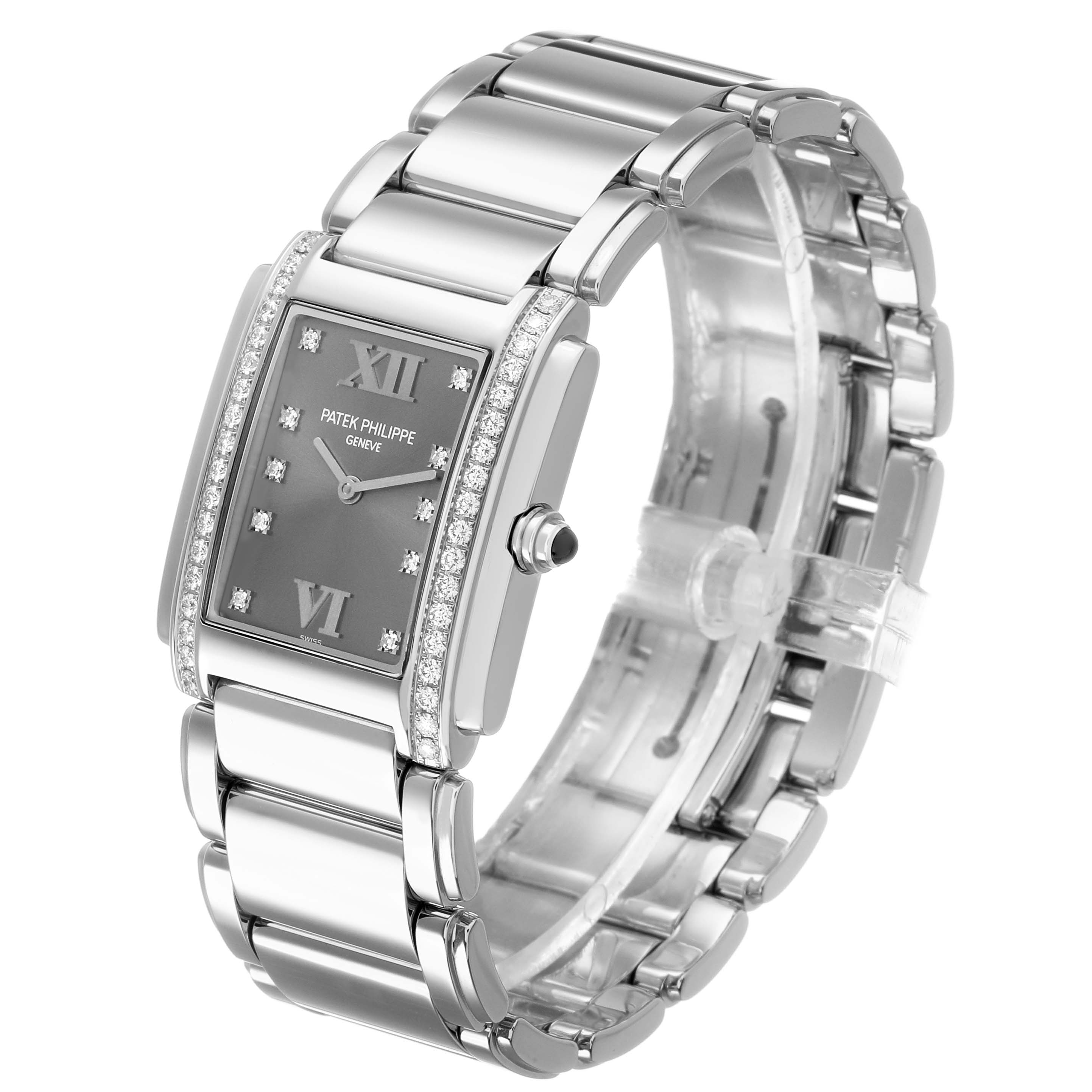The image displays a Patek Philippe Twenty-4 4910/10A-010 Women's Stainless Steel Grey Dial watch at a slight angle, showing the face, diamond-set bezel, and metal bracelet.