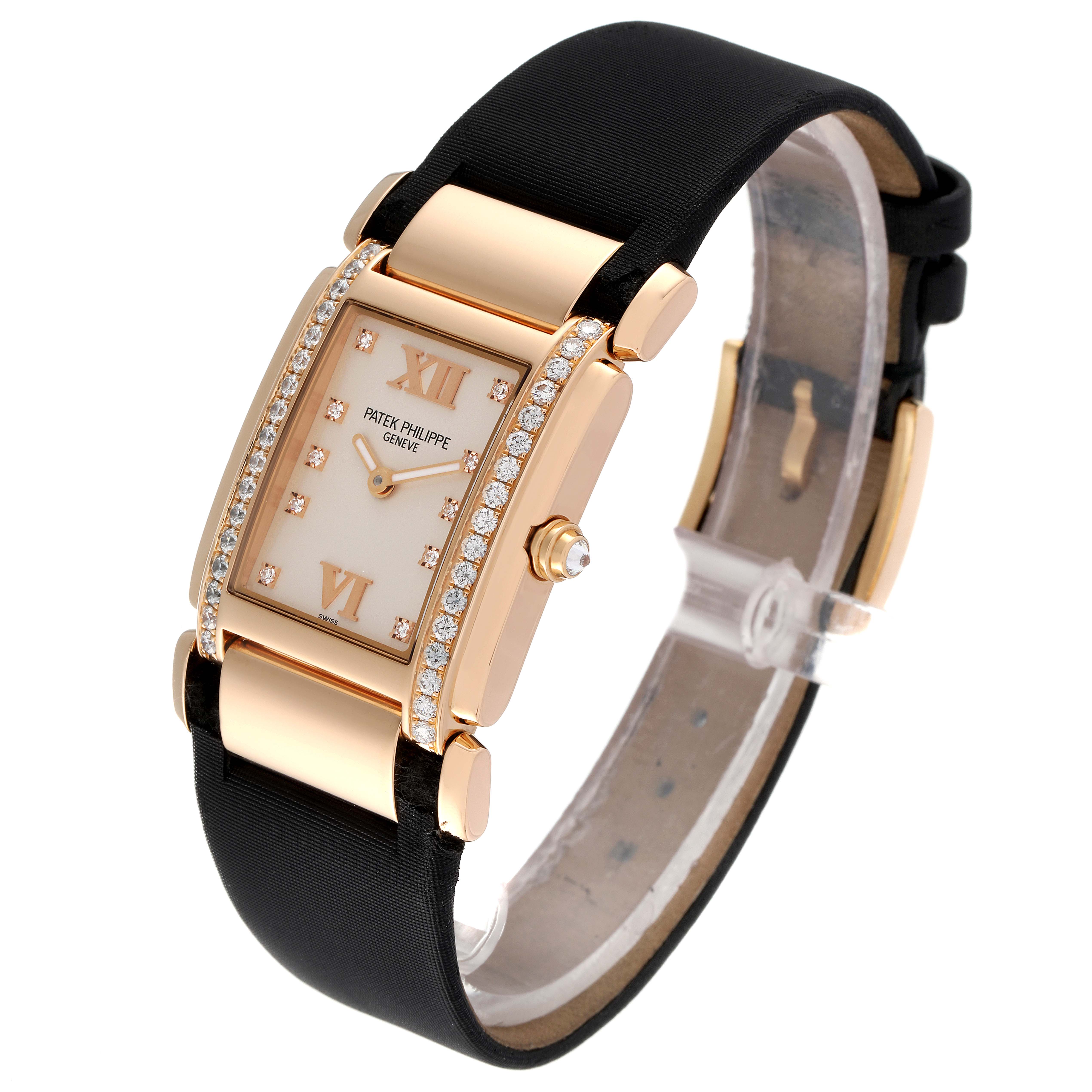 This image shows a Patek Philippe Twenty-4 4920R-10 Women's Rose Gold Silver Dial 4920R-10 Women's Rose Gold Silver Dial model watch at a slight angle, highlighting the face, bezel, and one side of strap.
