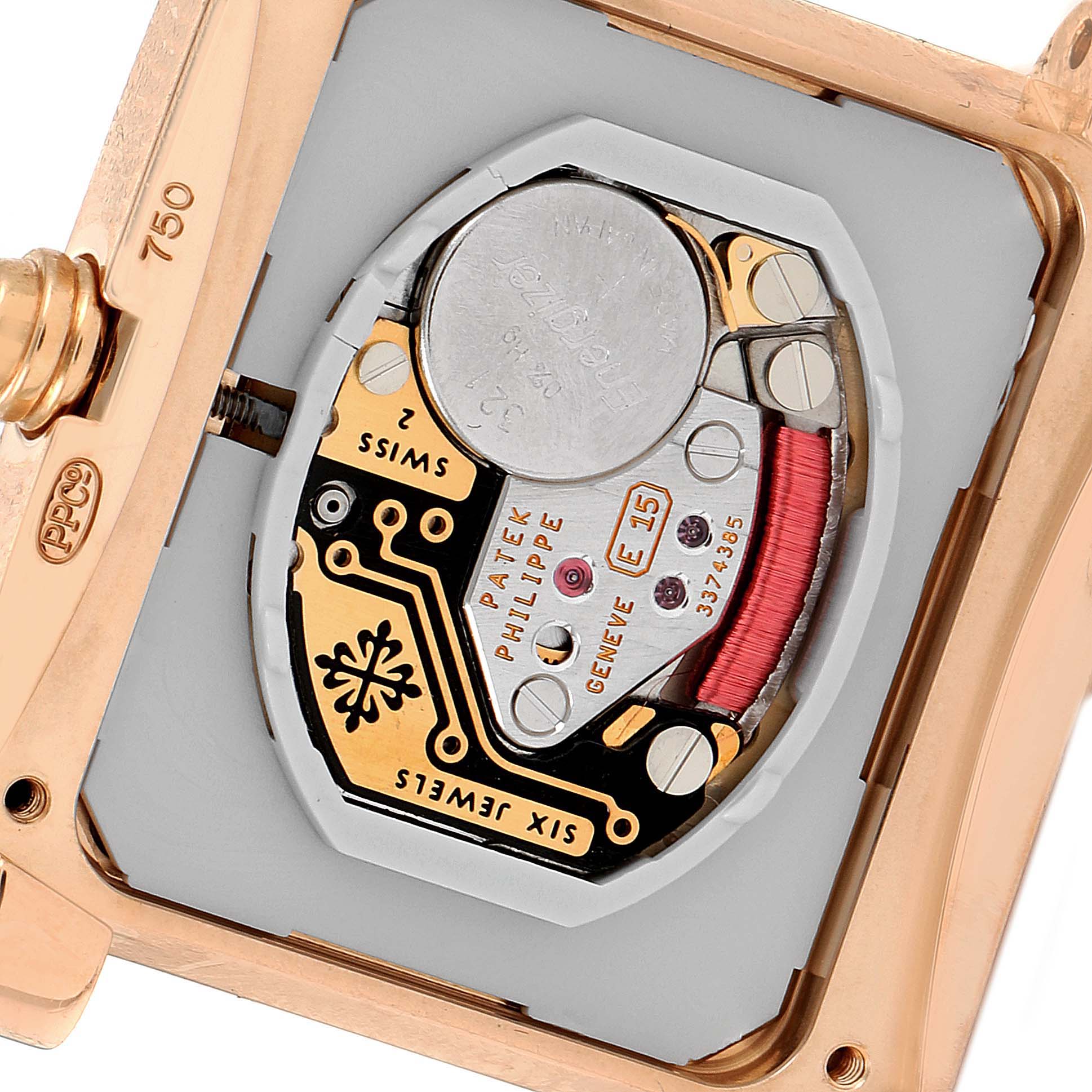 The image shows the back view of the movement inside a Patek Philippe Twenty-4 4920R-10 Women's Rose Gold Silver Dial 4920R-10 Women's Rose Gold Silver Dial watch with visible internal components.