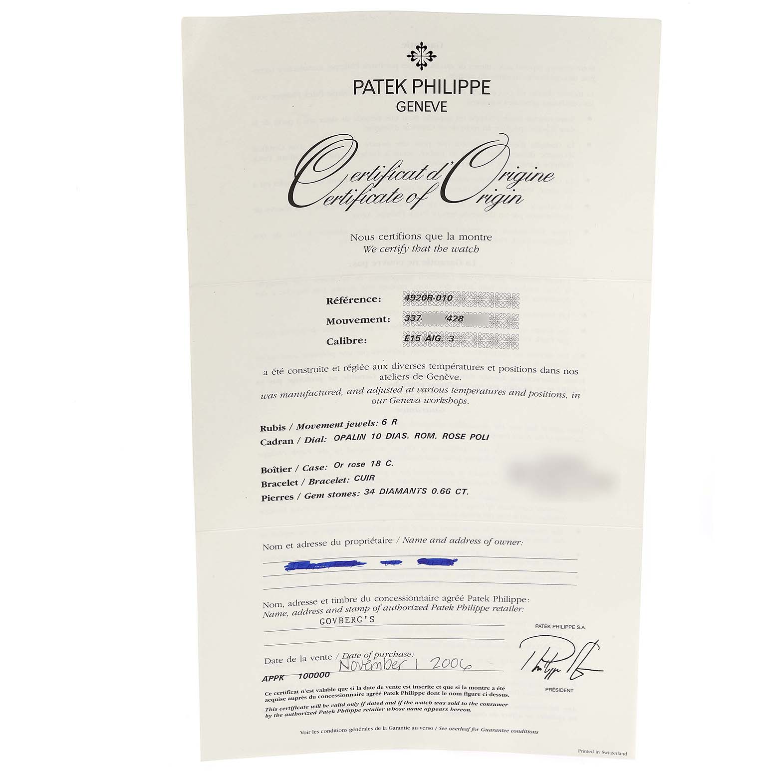 The image shows the Certificate of Origin for a Patek Philippe Twenty-4 4920R-10 Women's Rose Gold Silver Dial 4920R-10 Women's Rose Gold Silver Dial model watch.