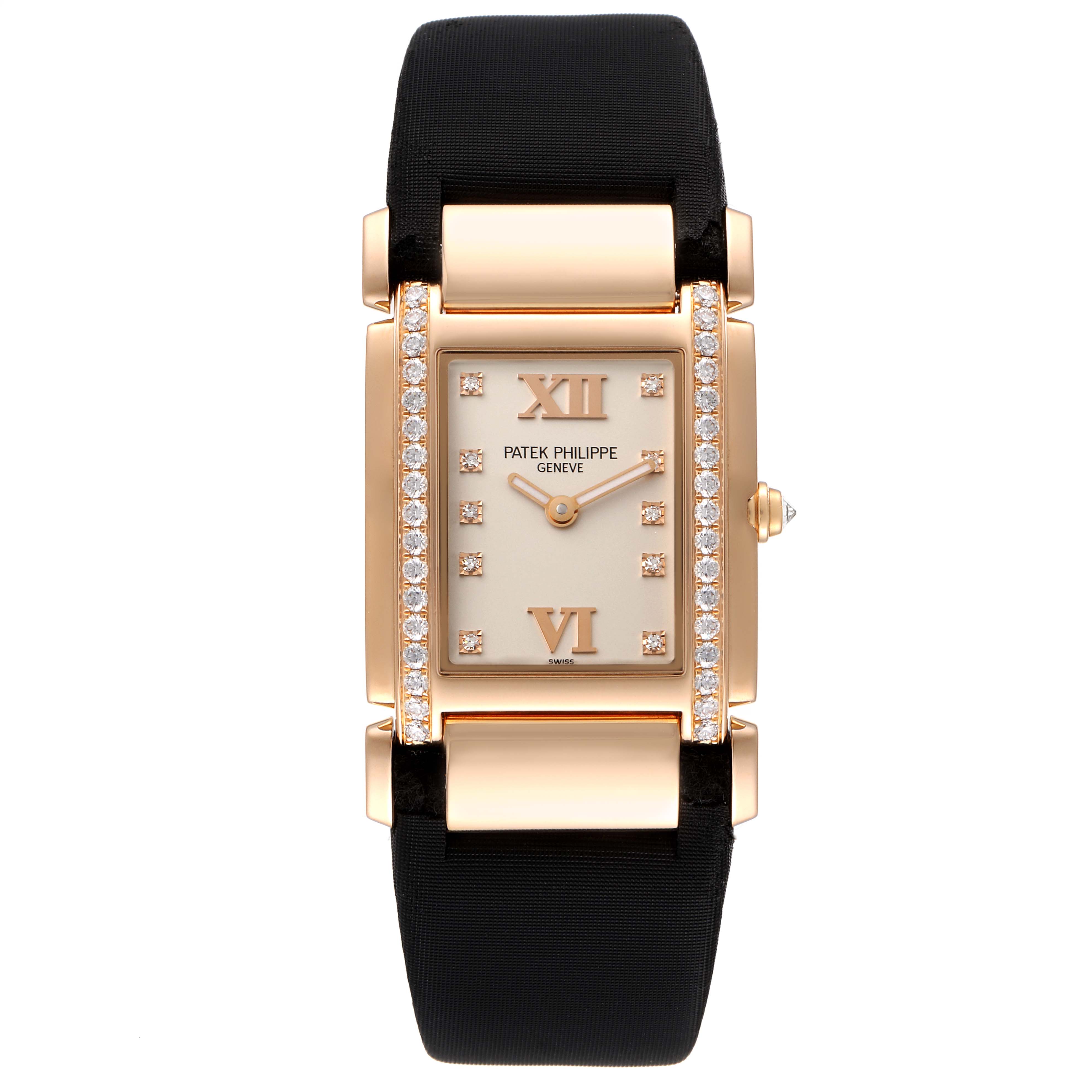 The image shows a front view of the Patek Philippe Twenty-4 4920R-10 Women's Rose Gold Silver Dial 4920R-10 Women's Rose Gold Silver Dial watch with a rectangular face and diamond accents.