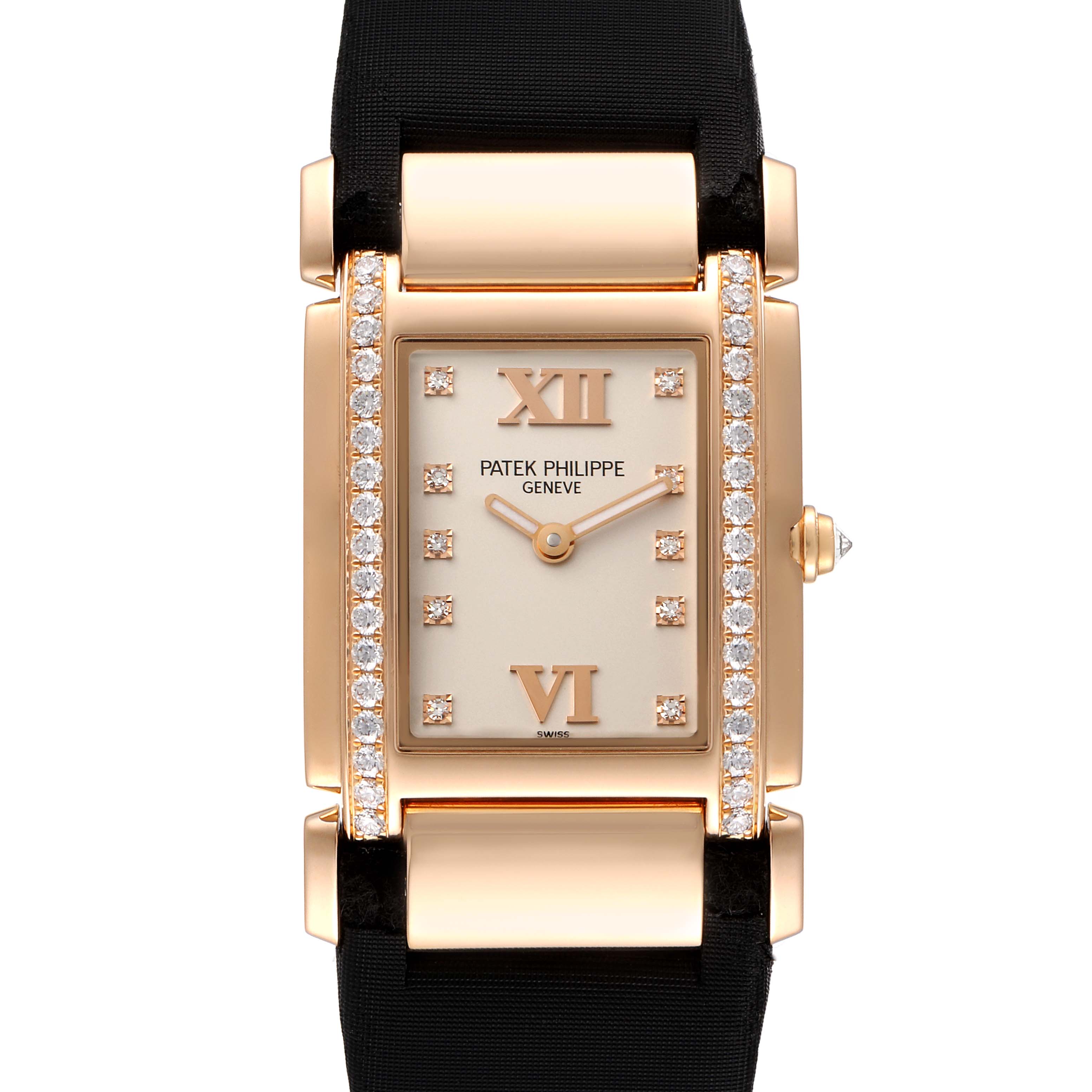 The image shows a front view of a Patek Philippe Twenty-4 4920R-10 Women's Rose Gold Silver Dial 4920R-10 Women's Rose Gold Silver Dial watch, highlighting the face, case, and part of the strap.