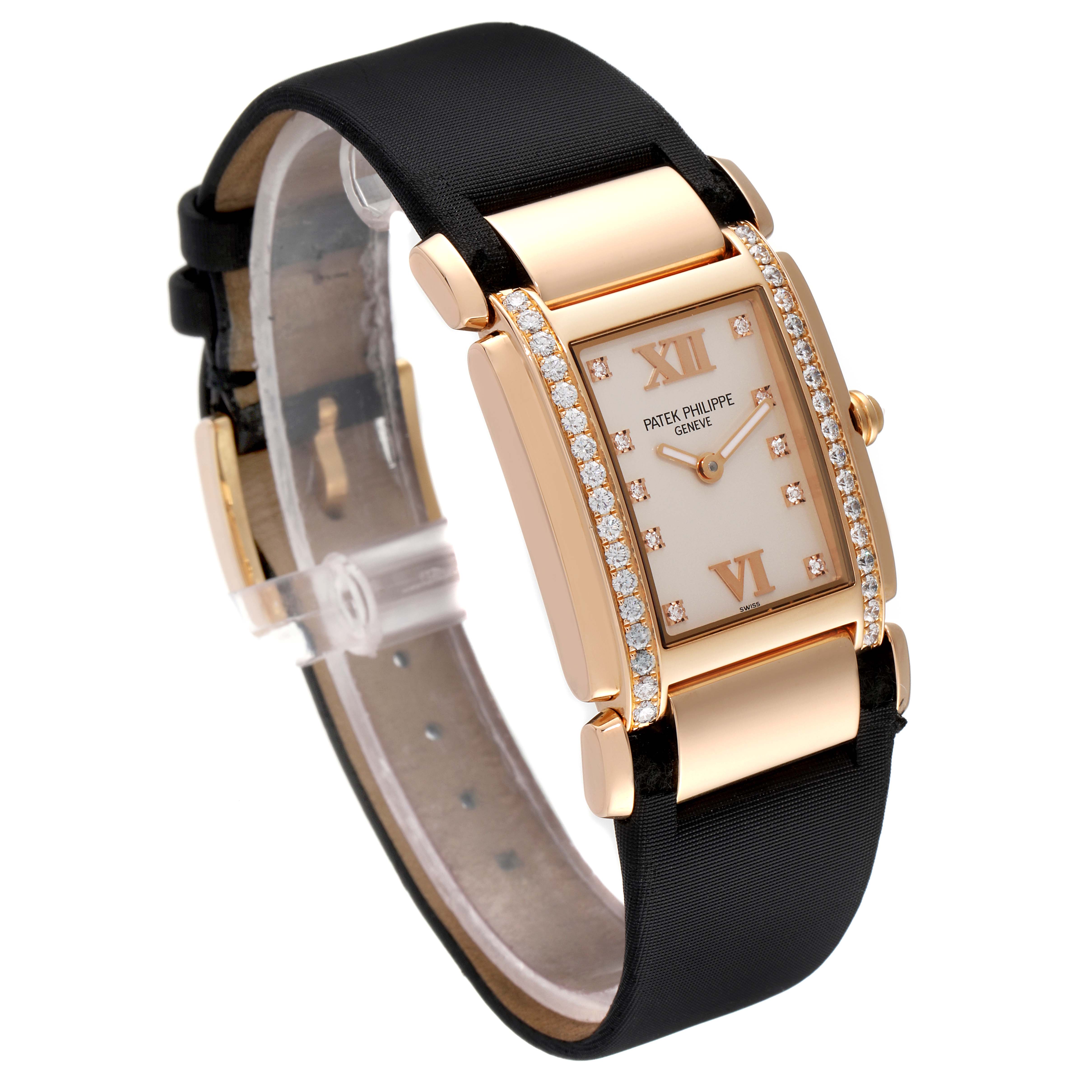 The image shows a side angle view of the Patek Philippe Twenty-4 4920R-10 Women's Rose Gold Silver Dial 4920R-10 Women's Rose Gold Silver Dial watch, highlighting its face, strap, and diamond embellishments.