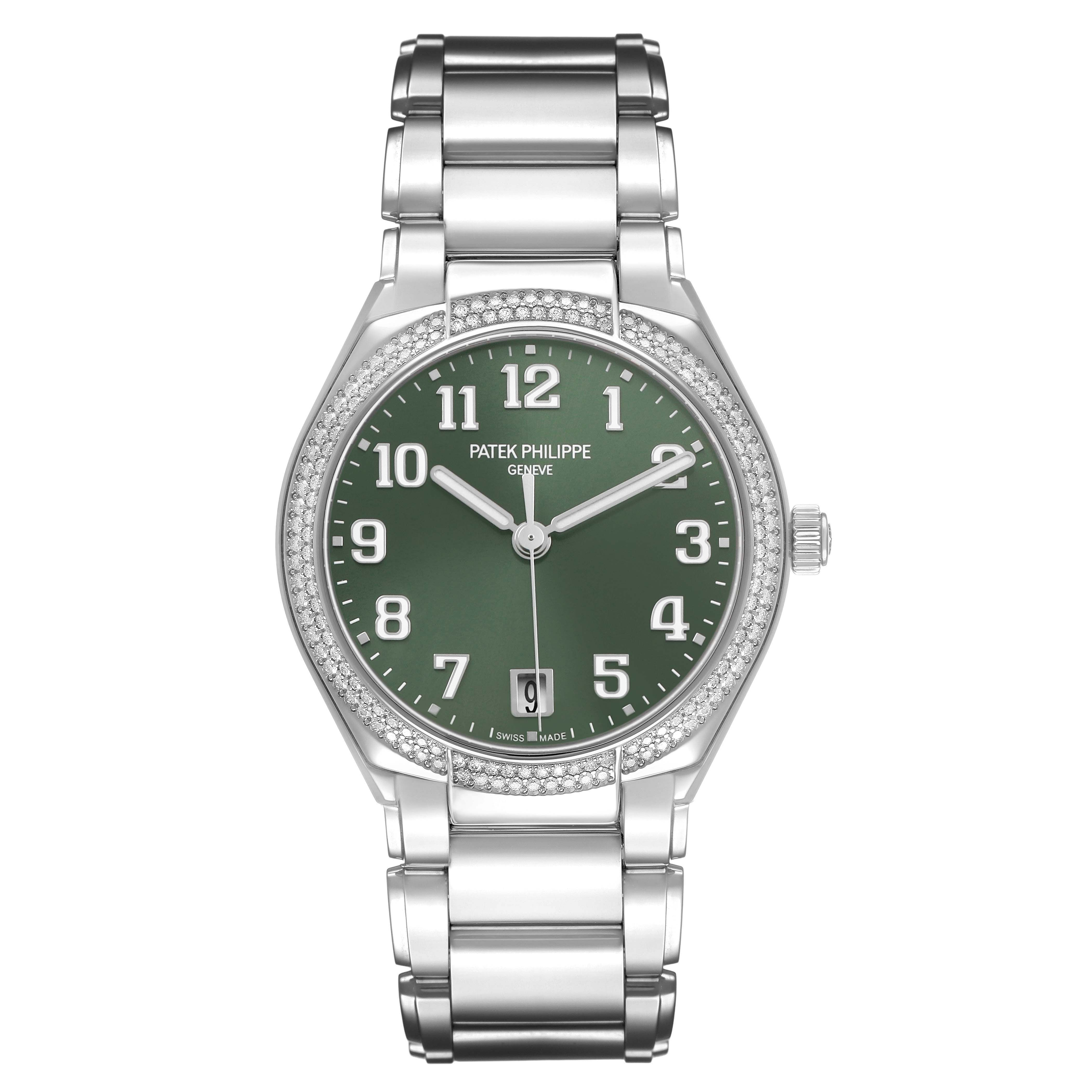 The Patek Philippe Twenty-4 7300/1200A-011 Women's Stainless Steel Green Dial watch is shown from a front view, highlighting the green dial, numeral markers, and metal bracelet.