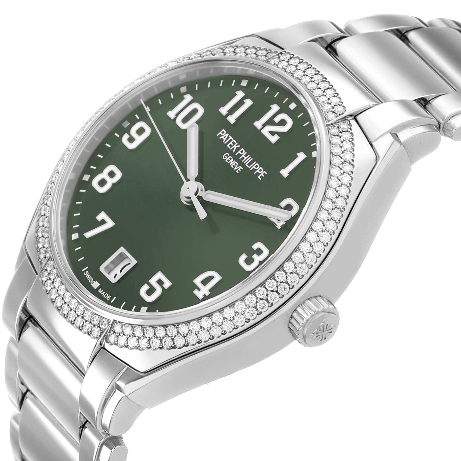 The Patek Philippe Twenty-4 7300/1200A-011 Women's Stainless Steel Green Dial watch is shown at a slight angle, highlighting the face, bracelet, bezel, and crown.