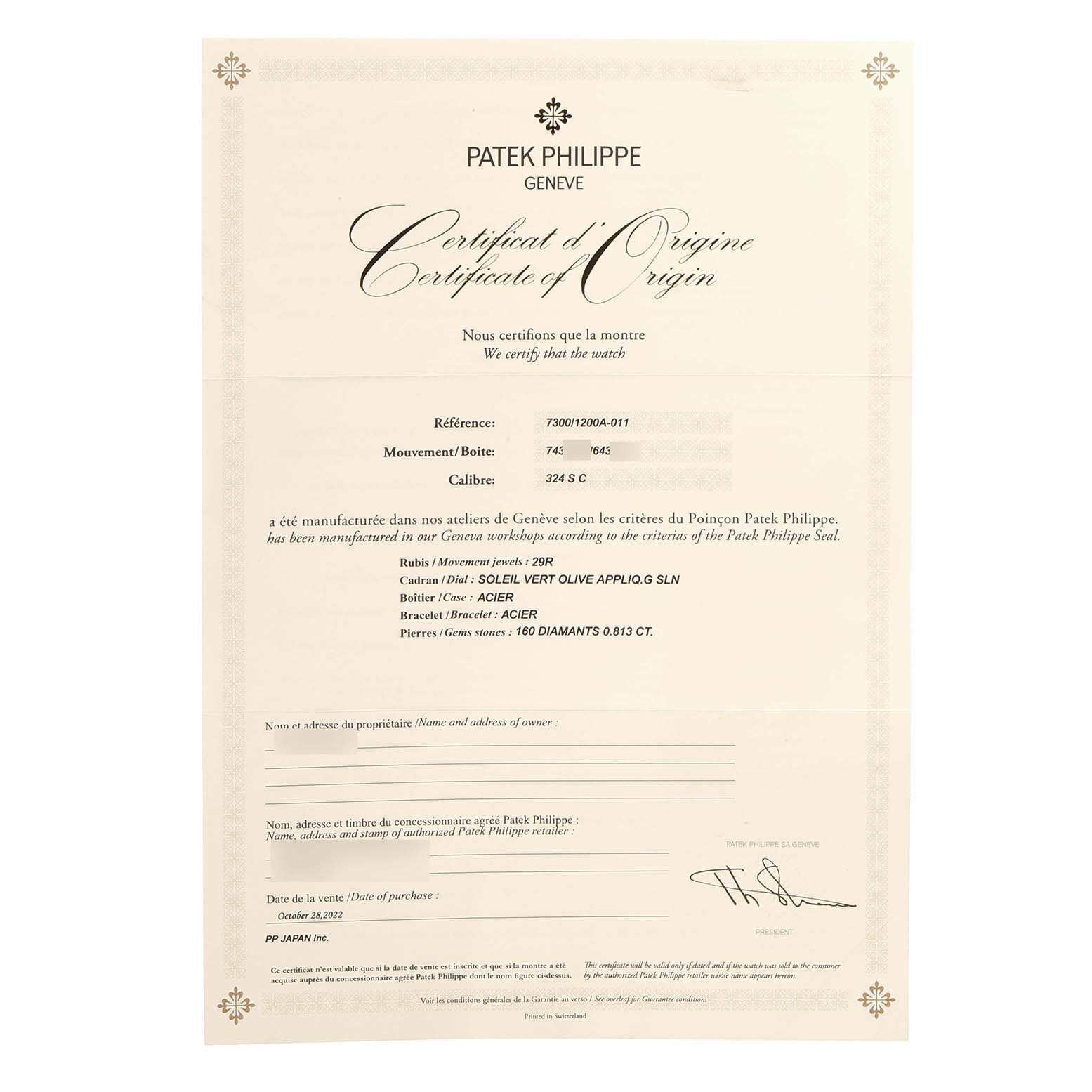 This image shows the Certificate of Origin for a Patek Philippe Twenty-4 7300/1200A-011 Women's Stainless Steel Green Dial watch, detailing movement, caliber, and other specifications.