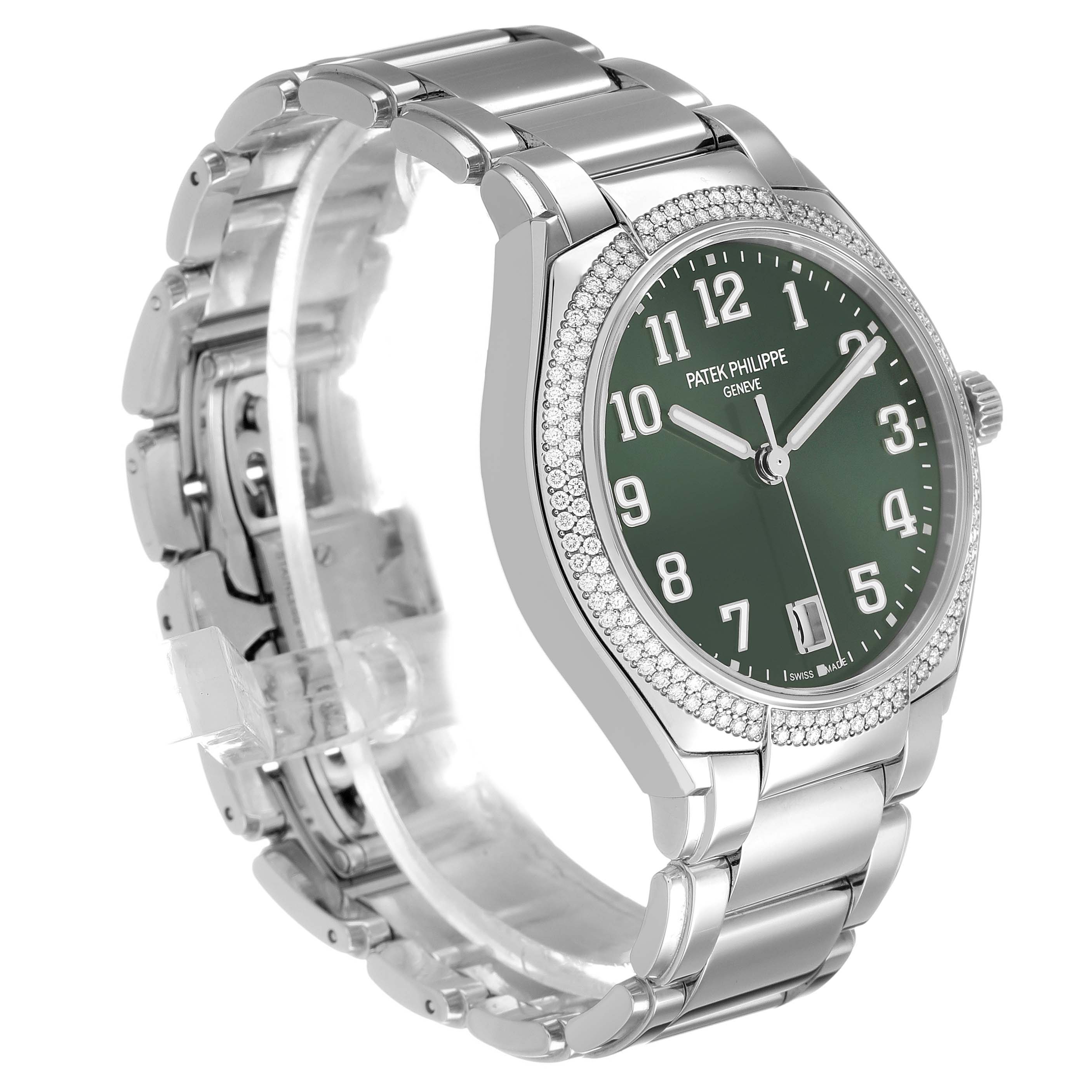 The Patek Philippe Twenty-4 7300/1200A-011 Women's Stainless Steel Green Dial watch is shown at a three-quarter angle, highlighting the face, bezel, and bracelet.