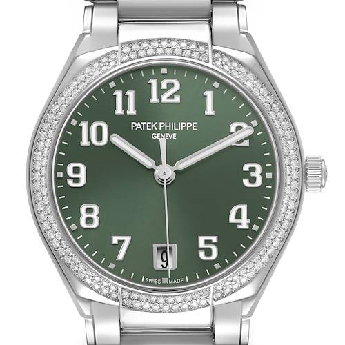 The Patek Philippe Twenty-4 7300/1200A-011 Women's Stainless Steel Green Dial watch is shown in a front view, highlighting the green dial, diamond bezel, and steel bracelet.
