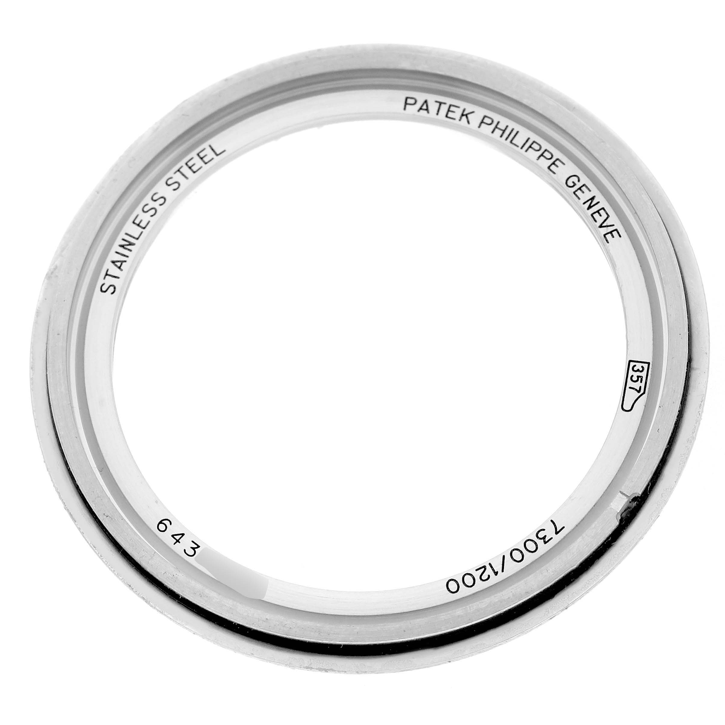 The image shows a stainless steel bezel viewed from above, engraved with "Patek Philippe Genève," for the Twenty-4 model.