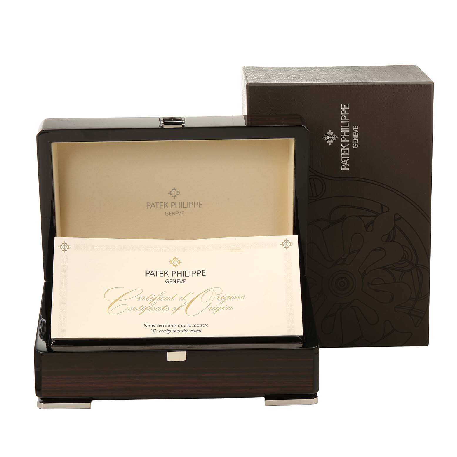 The image shows the Patek Philippe Twenty-4 7300/1200A-011 Women's Stainless Steel Green Dial watch box and certificate at a slight angle, highlighting the packaging and branding.