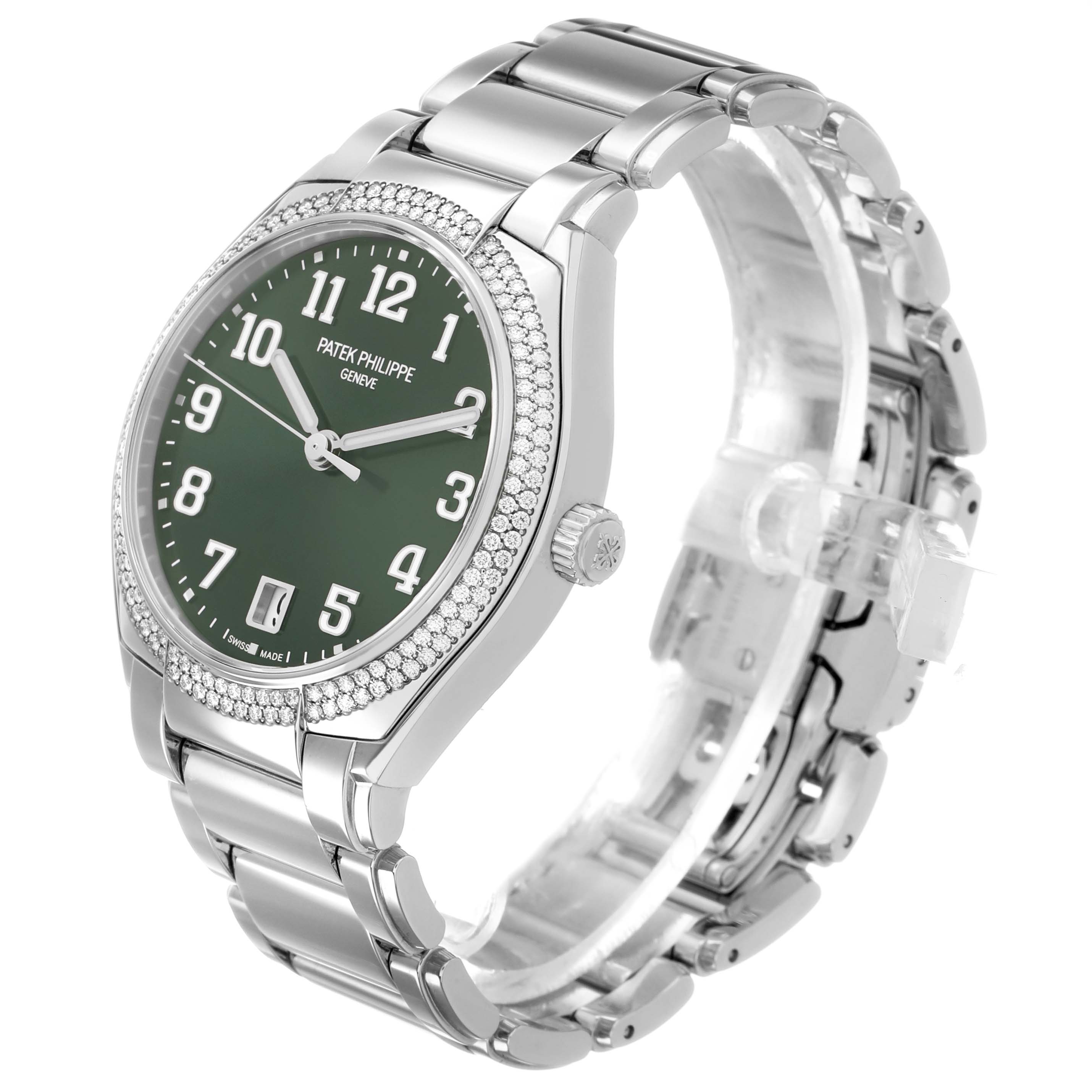 The Patek Philippe Twenty-4 7300/1200A-011 Women's Stainless Steel Green Dial watch is shown at a three-quarter angle, displaying the face, bezel, crown, and bracelet.