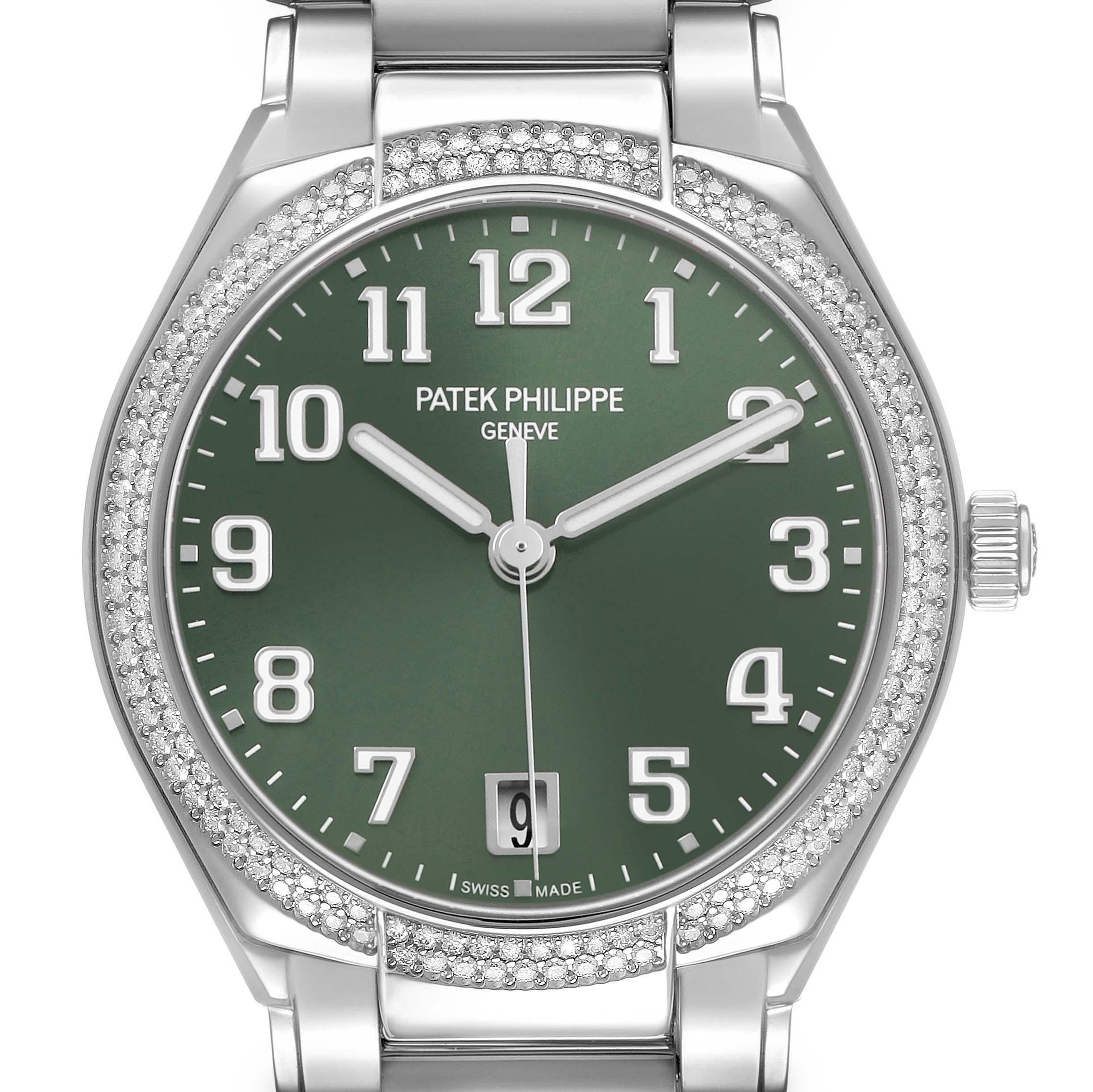 This image shows a frontal view of a Patek Philippe Twenty-4 7300/1200A-011 Women's Stainless Steel Green Dial watch, highlighting the green dial, diamond bezel, and crown.