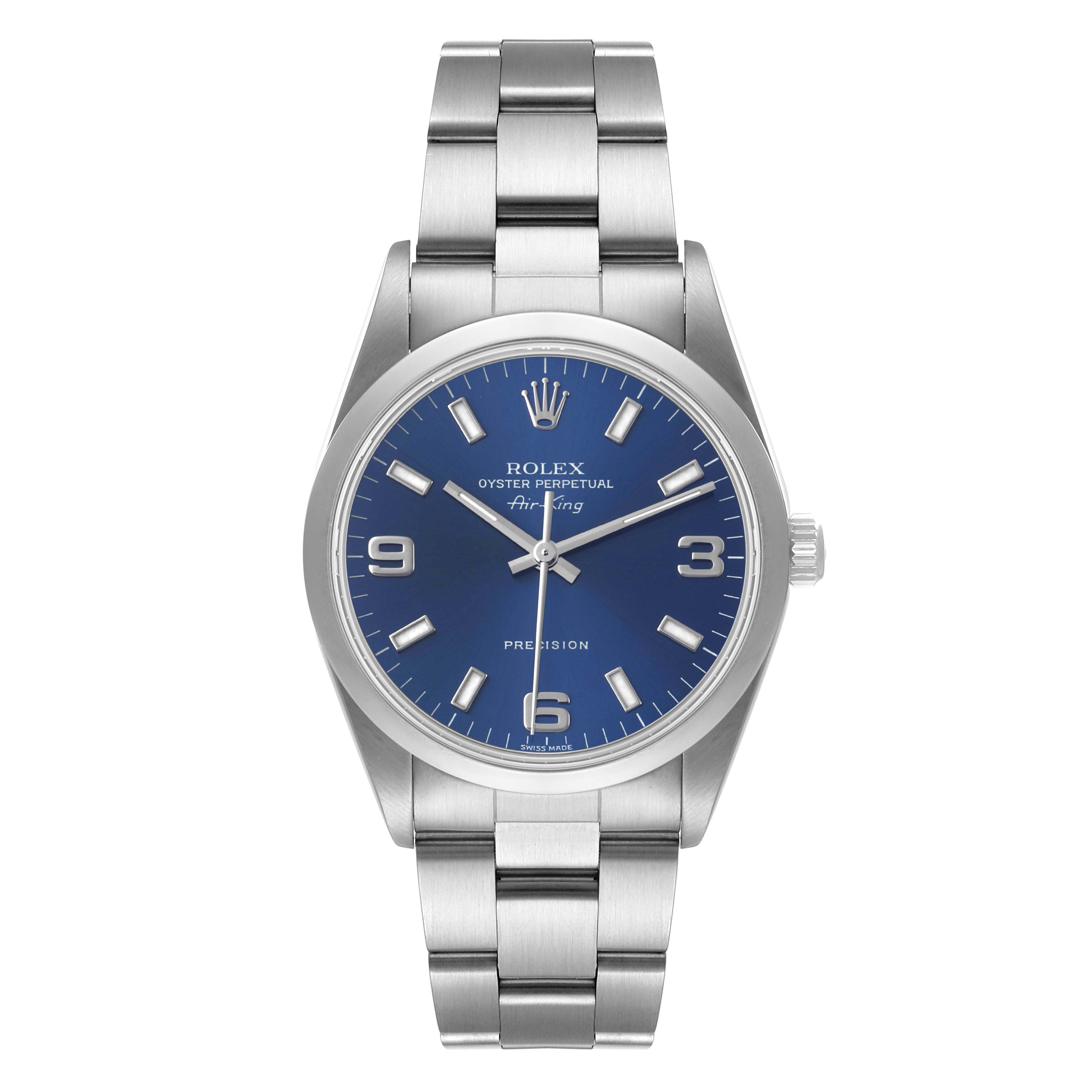 The image shows a front view of the Rolex Air-King 14000 Men's Stainless Steel Blue Dial 14000 Men's Stainless Steel Blue Dial watch, featuring a blue dial, silver hour markers, and a stainless steel bracelet.