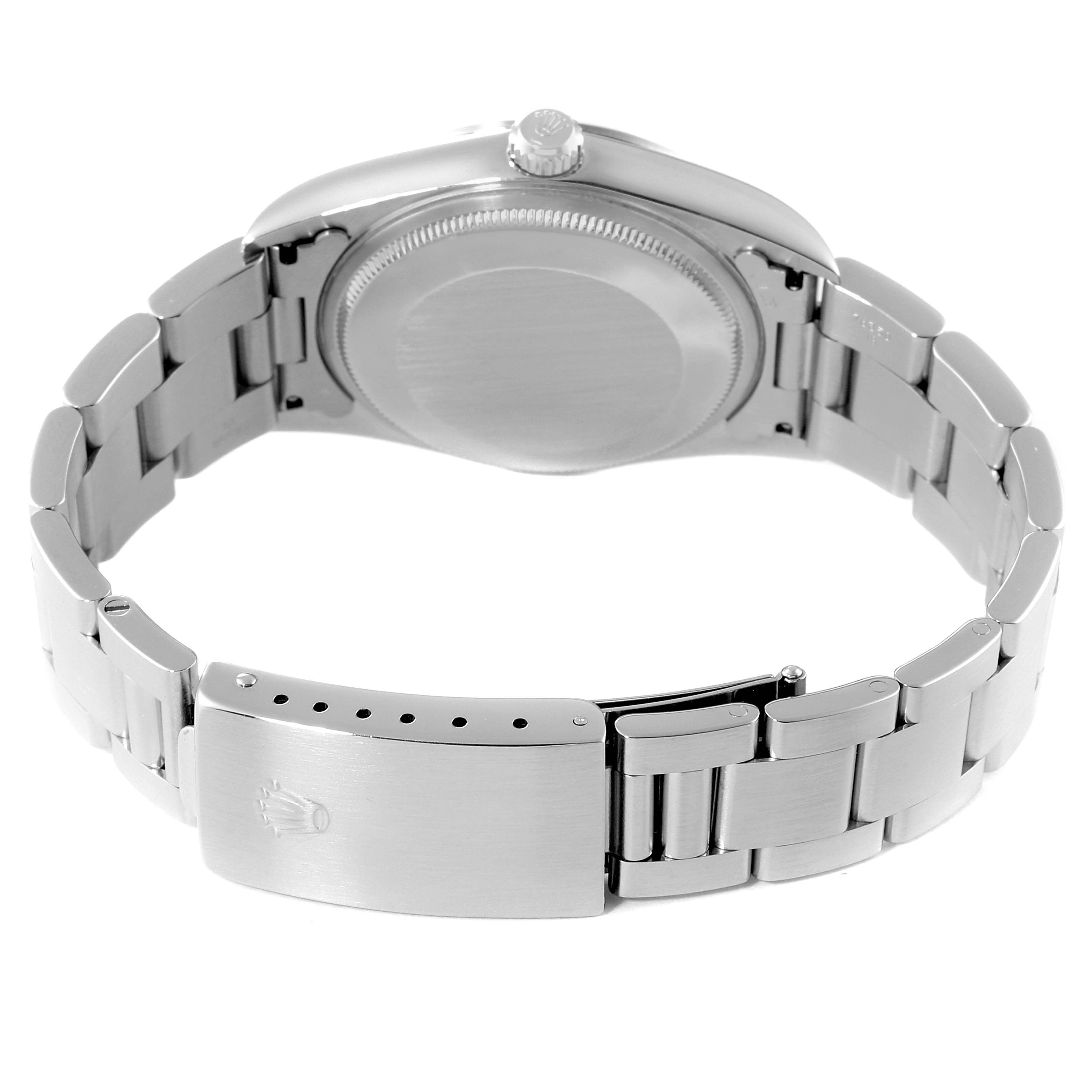 The image shows the back view of a Rolex Air-King 14000 Men's Stainless Steel Blue Dial 14000 Men's Stainless Steel Blue Dial watch, highlighting the clasp and caseback.