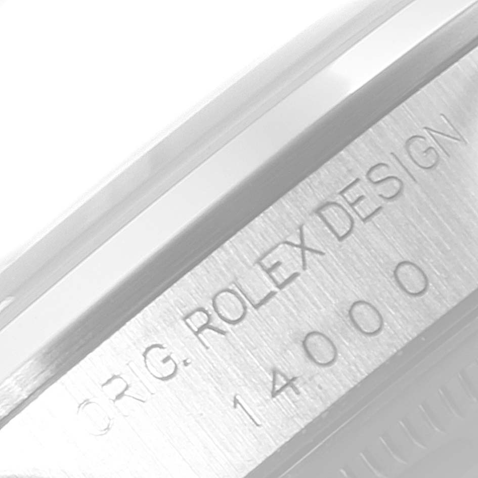 This image shows a close-up of the side case of the Rolex Air-King 14000 Men's Stainless Steel Blue Dial 14000 Men's Stainless Steel Blue Dial watch with engraved model details.