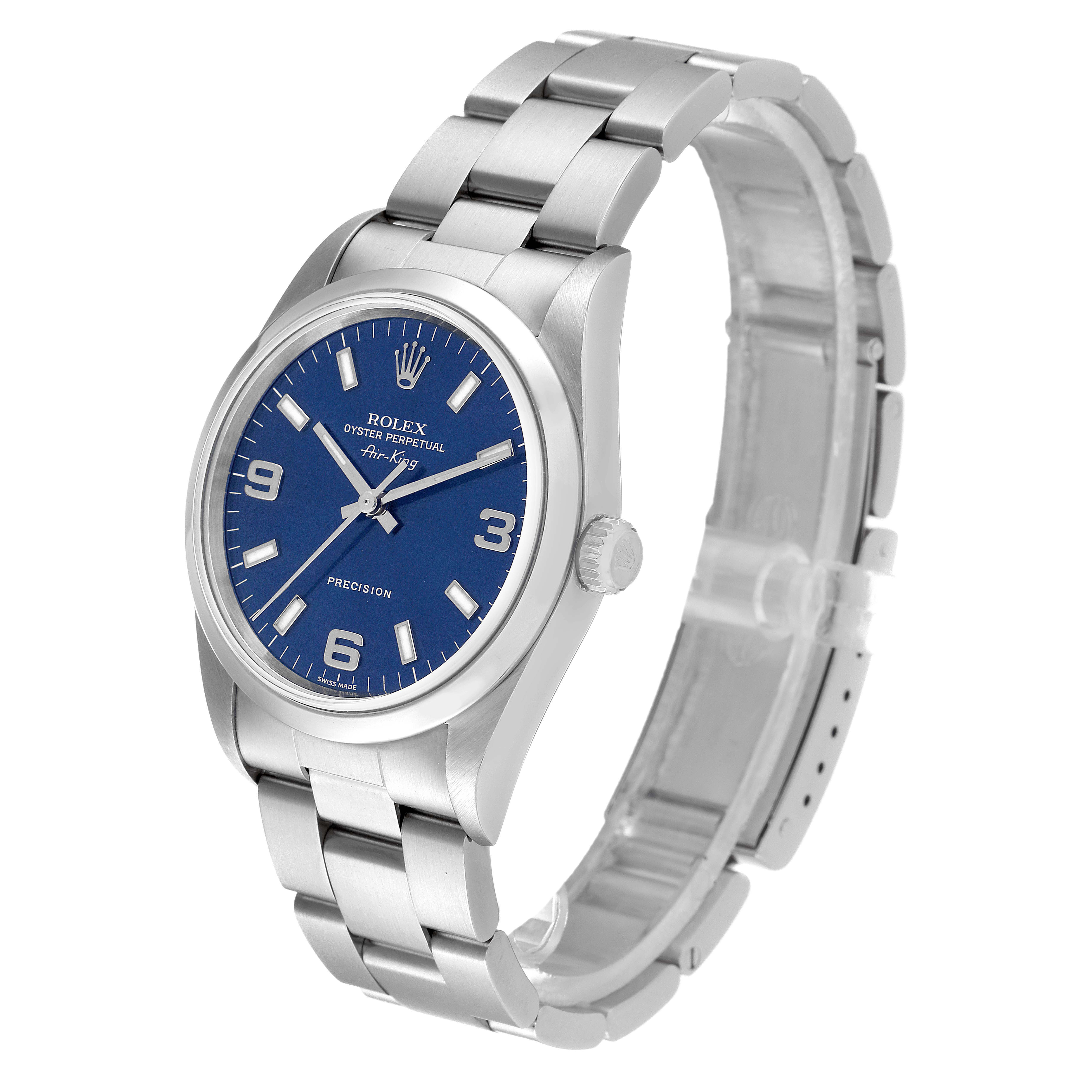 The image shows a Rolex Air-King 14000 Men's Stainless Steel Blue Dial 14000 Men's Stainless Steel Blue Dial watch at an angled view, displaying its face, bezel, crown, and bracelet.