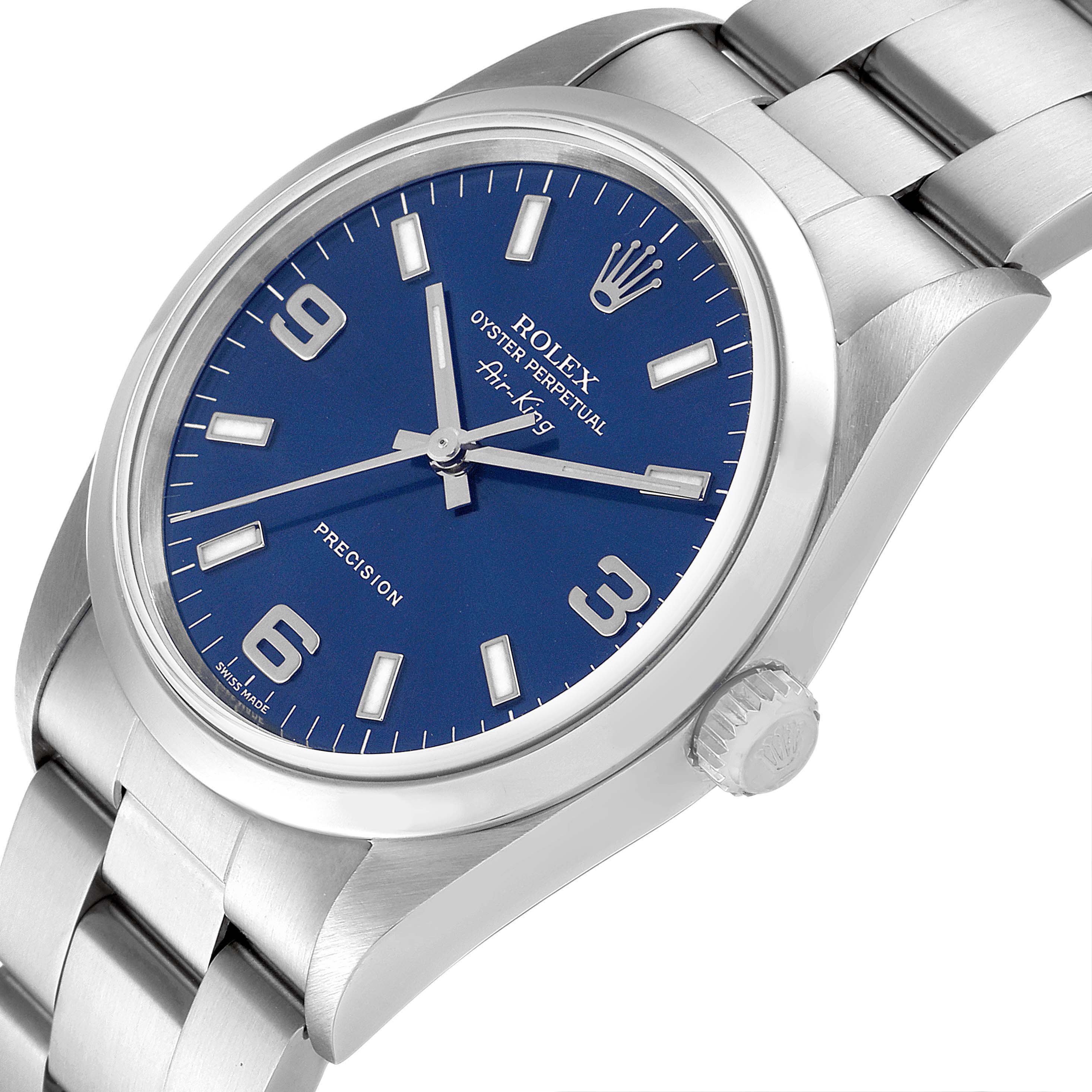 The image shows a Rolex Air-King 14000 Men's Stainless Steel Blue Dial 14000 Men's Stainless Steel Blue Dial watch at a slight angle, focusing on the blue dial, crown, and part of the bracelet.