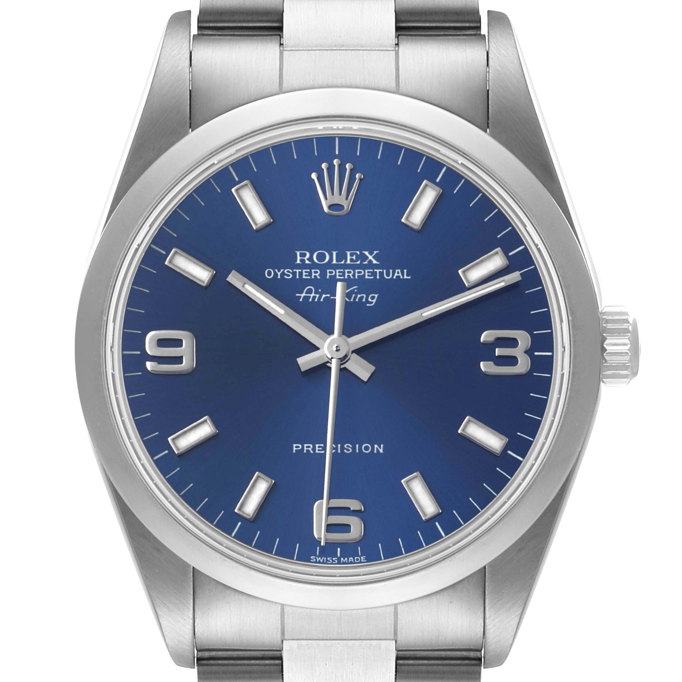 The image shows a front view of the Rolex Air-King 14000 Men's Stainless Steel Blue Dial 14000 Men's Stainless Steel Blue Dial watch, featuring its blue dial, crown, and part of its metal bracelet.