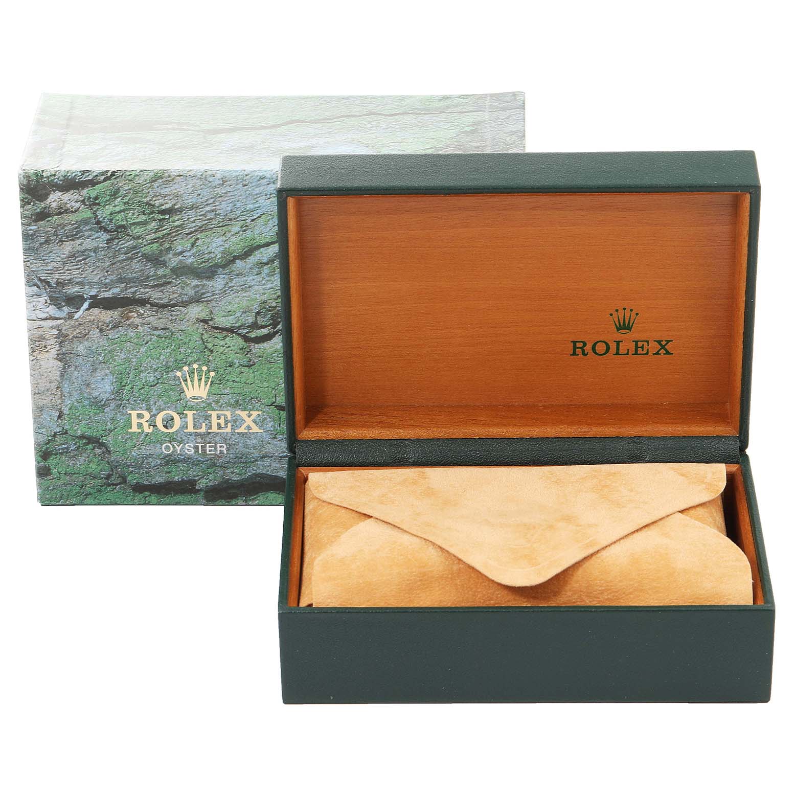 The image shows the open packaging box and pouch for the Rolex Air-King 14000 Men's Stainless Steel Blue Dial 14000 Men's Stainless Steel Blue Dial watch at a front angle.
