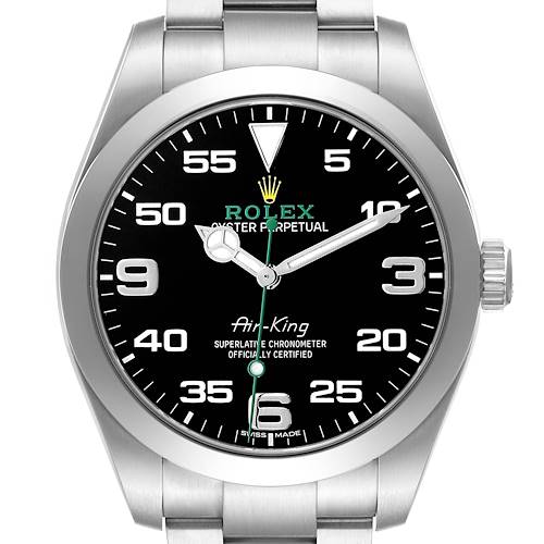 The Rolex Air-King 116900 Men's Stainless Steel Black Dial watch is shown from a front angle, displaying the dial, bracelet, and crown.