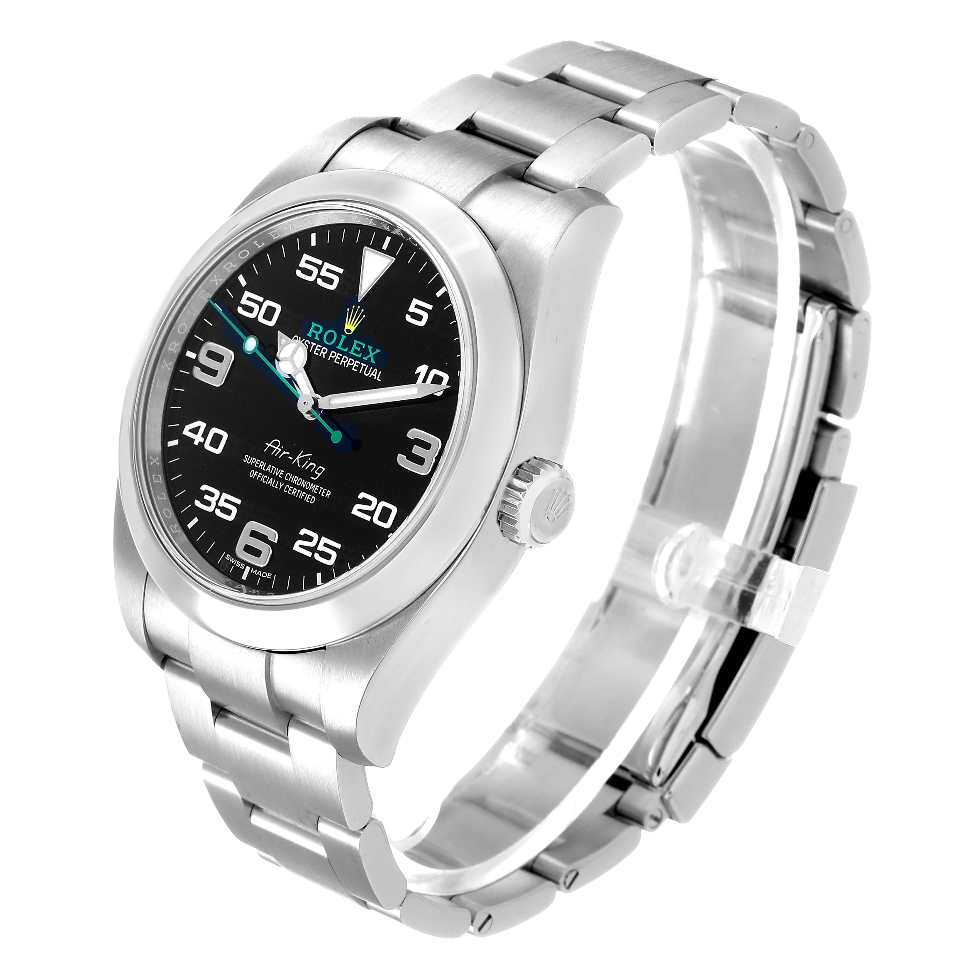 The Rolex Air-King 116900 Men's Stainless Steel Black Dial watch is shown at a three-quarter angle, showcasing the dial, bezel, crown, and part of the bracelet.
